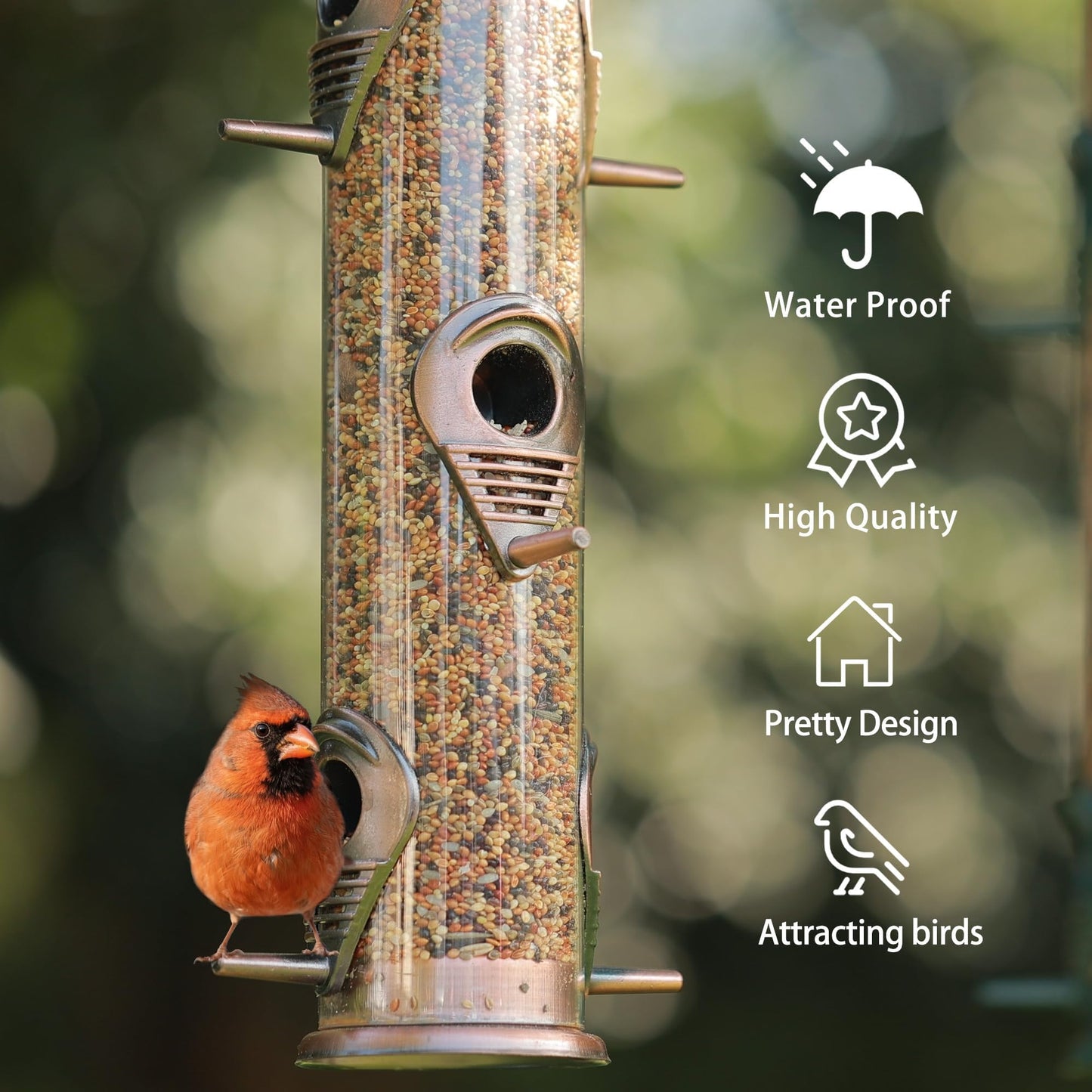 MIXXIDEA Metal Tube Bird Feeders for Outdoors - 6 Ports Hanging Feeder Attracts Wild Birds in Your Lawn, Garden, Balcony - Antique Copper - 1 Pack
