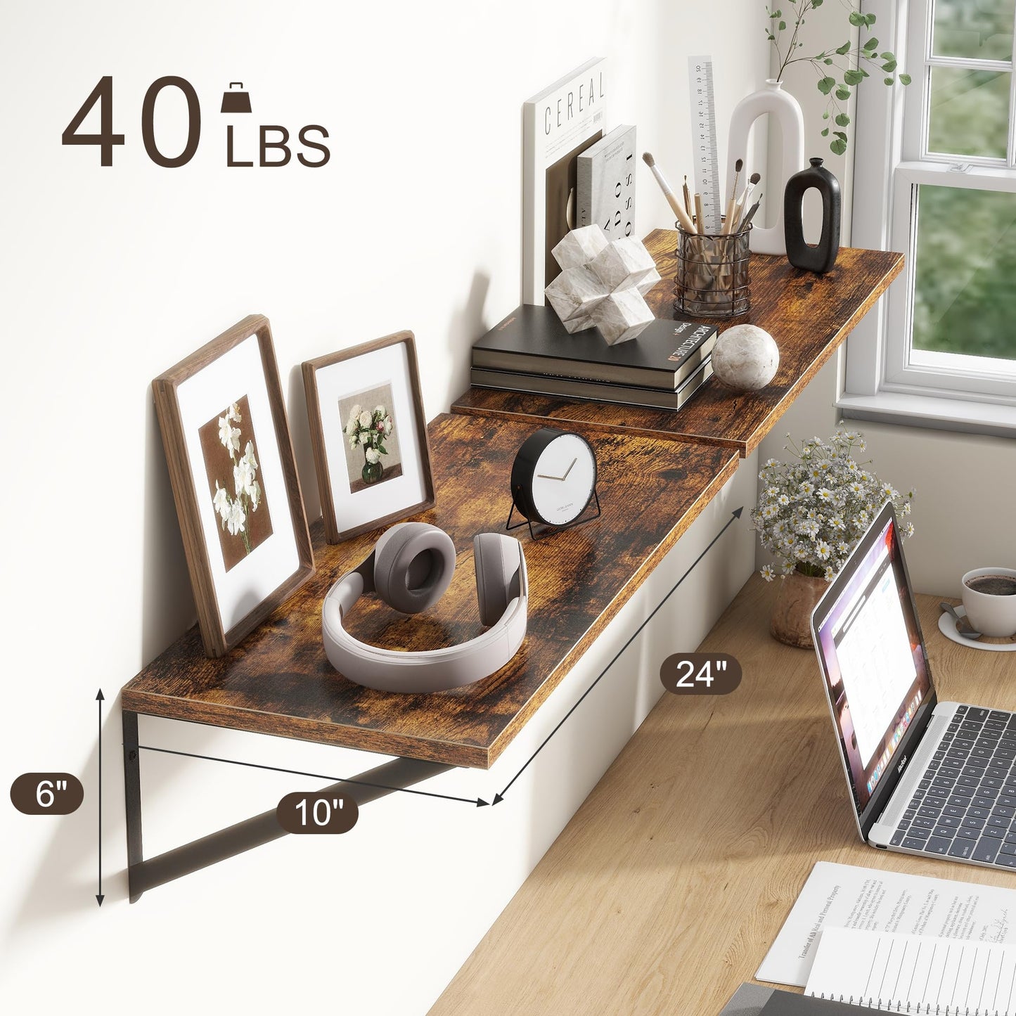 Deep Floating Shelves for Wall, 24"W x 10"D Wall Shelves Set of 2, 10 Inch Deep Floating Shelf with Brackets, Wide Display & Storage Shelves for Books, Living Room, Kitchen, Bathroom, Rustic Brown