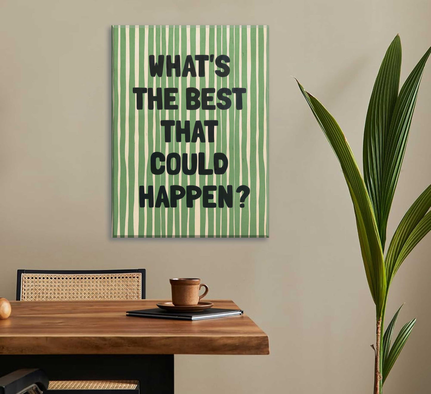 What's The Best That Could Happen Wall Art Green Striped Positive Quotes Canvas Wall Decor Funky Preppy Picture Prints Inspirational Quotes Poster Painting for Bedroom Living Room Picture Framed
