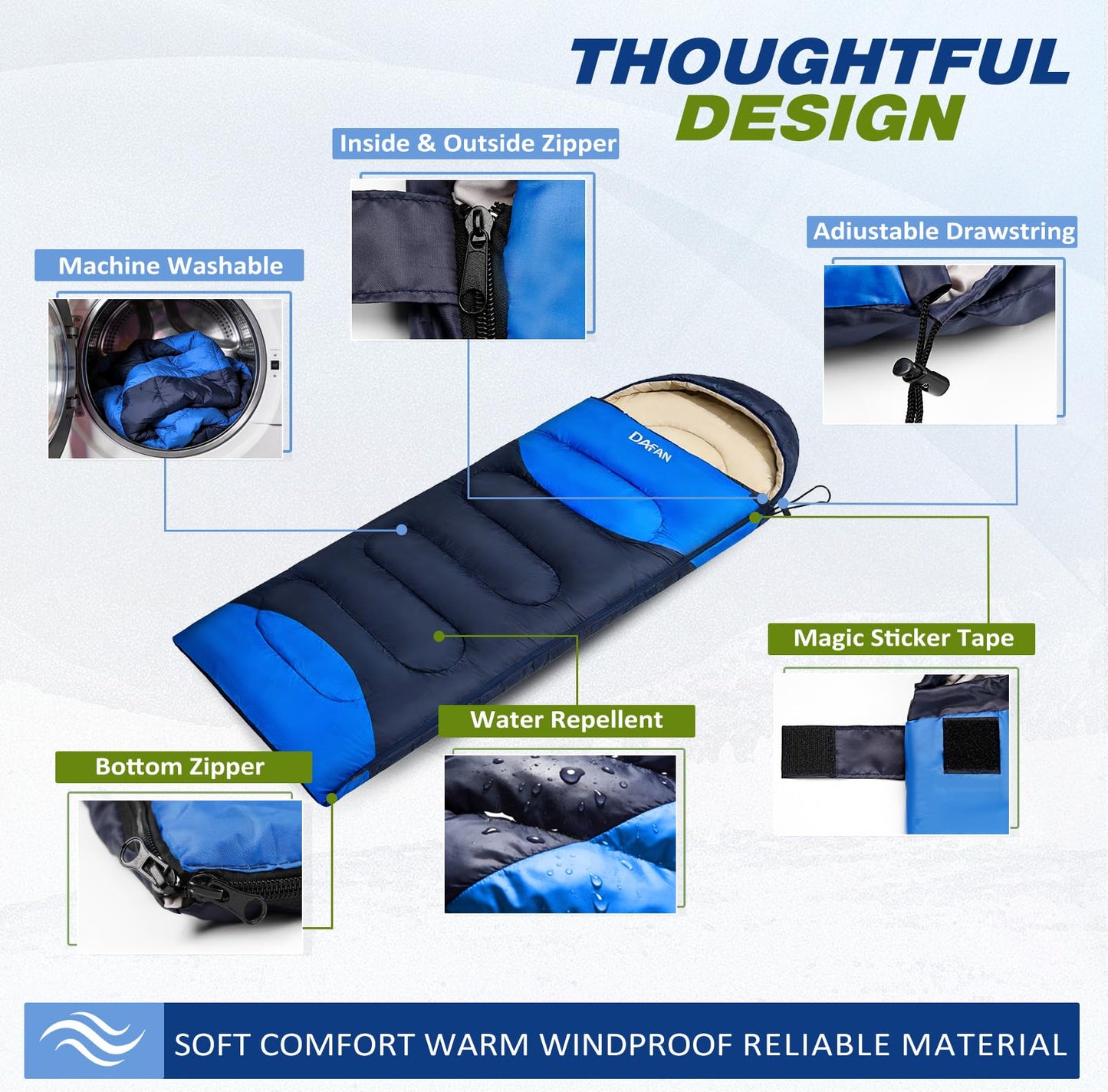 Lightweight Sleeping Bag for Adults, 3-Season Waterproof Backpacking Sleeping Bags with Compression Sack, Comfort Temp 50–68°F, Portable Camping Essential Gear for Travel, Hiking, Outdoor, Indoor