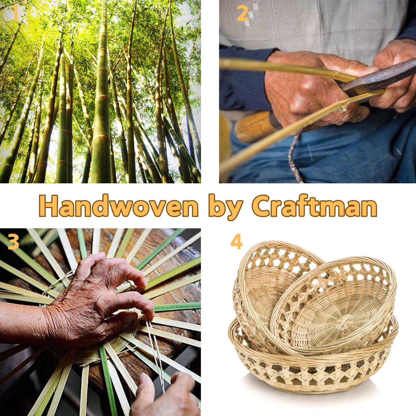 ZENFUN 3 Packs Round Woven Bread Basket, Bamboo Serving Trays, Handwoven Baskets Fruit Basket, Rattan Serving Baskets for Daily Dinning, Kitchen Organization, Stackable