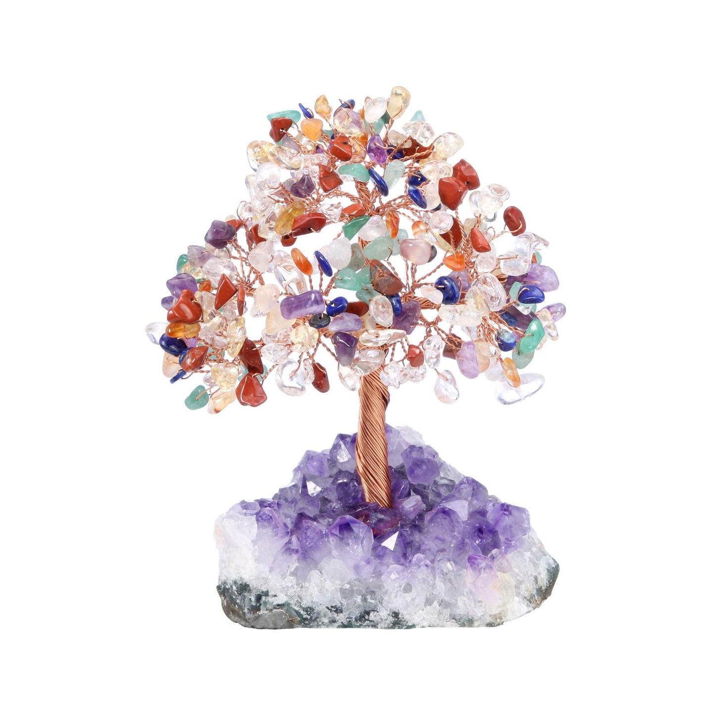 Jovivi Natural 7 Chakra Gemstone Healing Crystal Money Tree on Amethyst Cluster Geode Druzy Base Feng Shui Crystals for Home Office Desk Decorations, Wealth,Good Luck