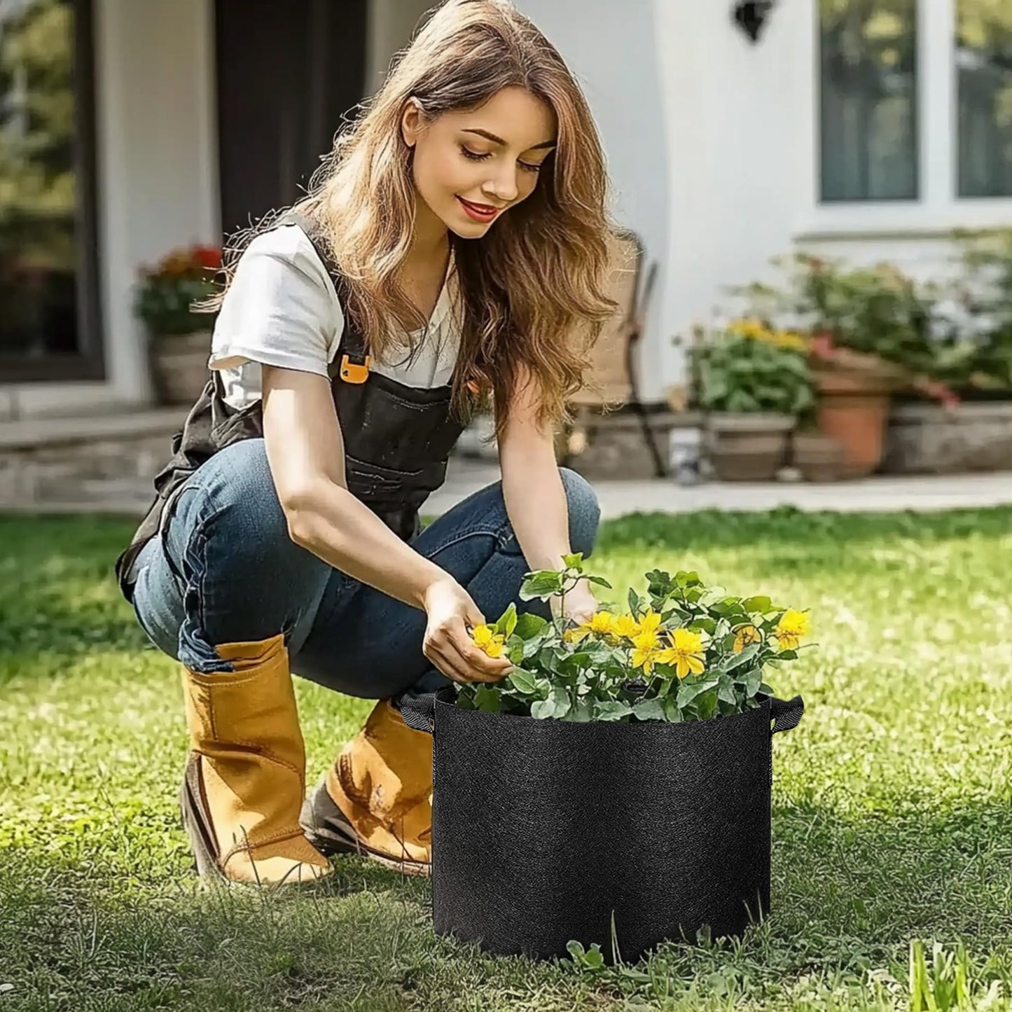 T4U Fabric Plant Grow Bags with Handle 10 Gallon Pack of 5, Heavy Duty Nonwoven Smart Garden Pot Thickened Aeration Nursery Container Black for Outdoor Potato, Tomato, Chili, Carrot and Vegetables
