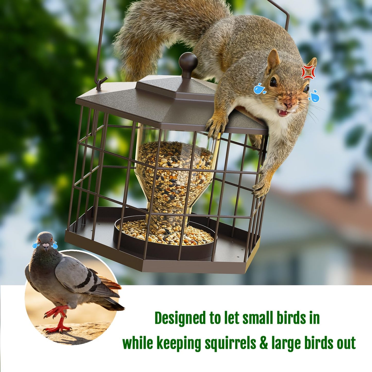 Birdream Squirrel Proof Bird Feeders for Outdoor Hanging, Metal Cage Bird Feeder with Rain Proof Covered for Wildbirds Bluebird Finches, Brown