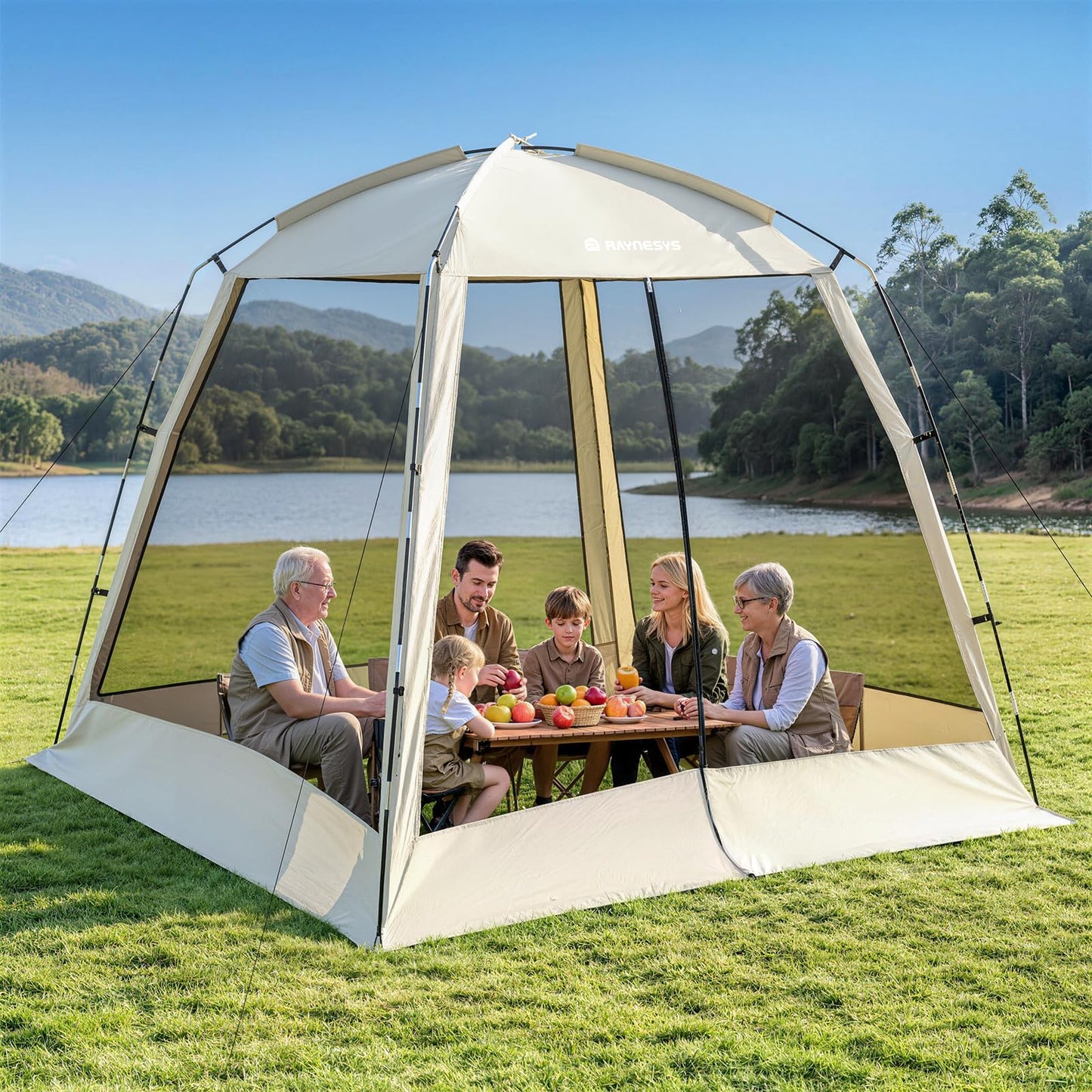 8 × 8ft Camping Screen Tent for 6-8 People, Easy Setup House Tent with 8 Ground Stakes & 4 Windproof Ropes, Portable Screened Canopy with Mosquito Net for Outdoor, Patios, Backyard, Beige