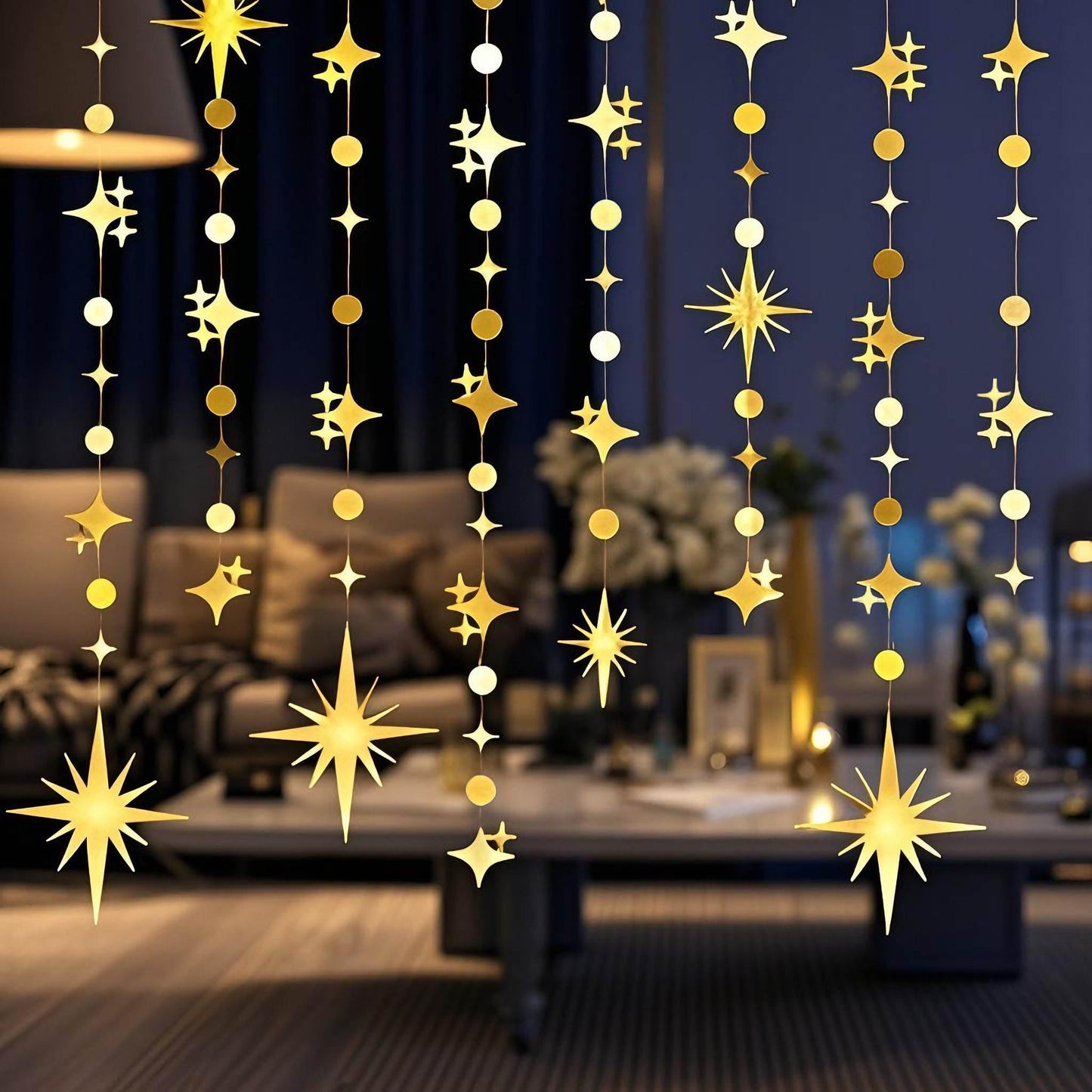 Glitter Gold Star Circle Dot Garland 30 Feet Twinkle Gold Star Circle Dot Ceiling Hanging Banner Backdrop for Birthday Wedding Baby Shower Graduation Disco Party Decorations
