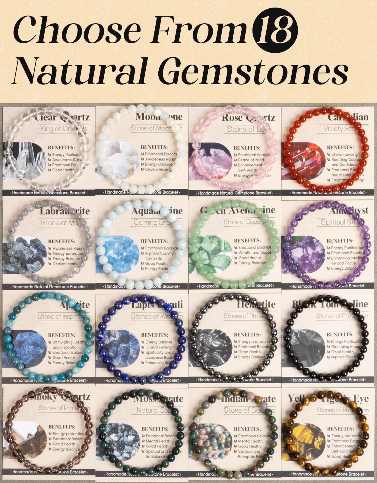 Landorilo Beaded Bracelet for Men Women, 6mm Natural Stone Moonstone Healing Crystal Stretch Bracelets, Ideal Christmas Birthday Jewelry Gifts with Energy Card，Replacement Beads Included