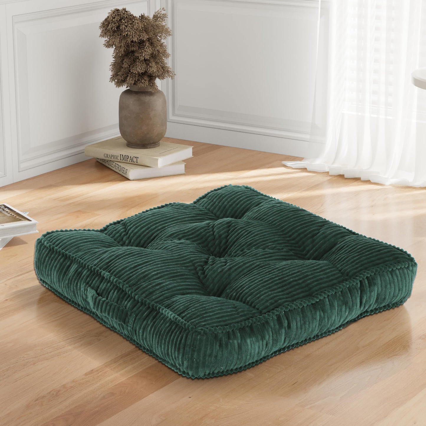 PRIMEPATIO Floor Pillow, 24x24 Tufted Floor Cushion for Adults, Square Large Meditation Cushion Pillow, Green Corduroy Sitting with Handle, Yoga Seating for Tatami, 1Pack