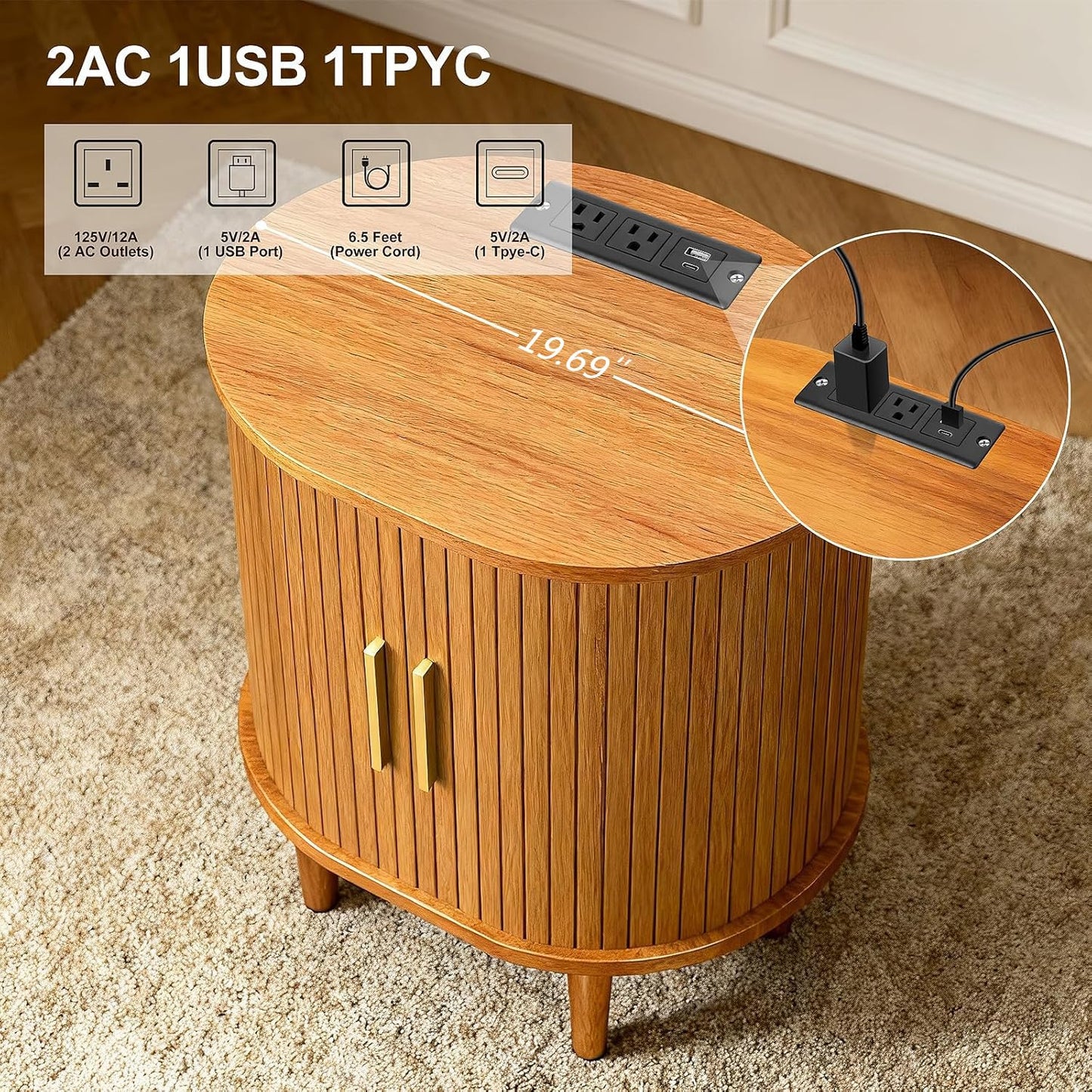 DHH Mid Century Modern Nightstand with Charging Station, Fluted Accent Side Table with Sliding Door & Adjustable Shelf, End Table for Small Space, Living Room, Bedroom,Sofa Couch(1, Yellow)