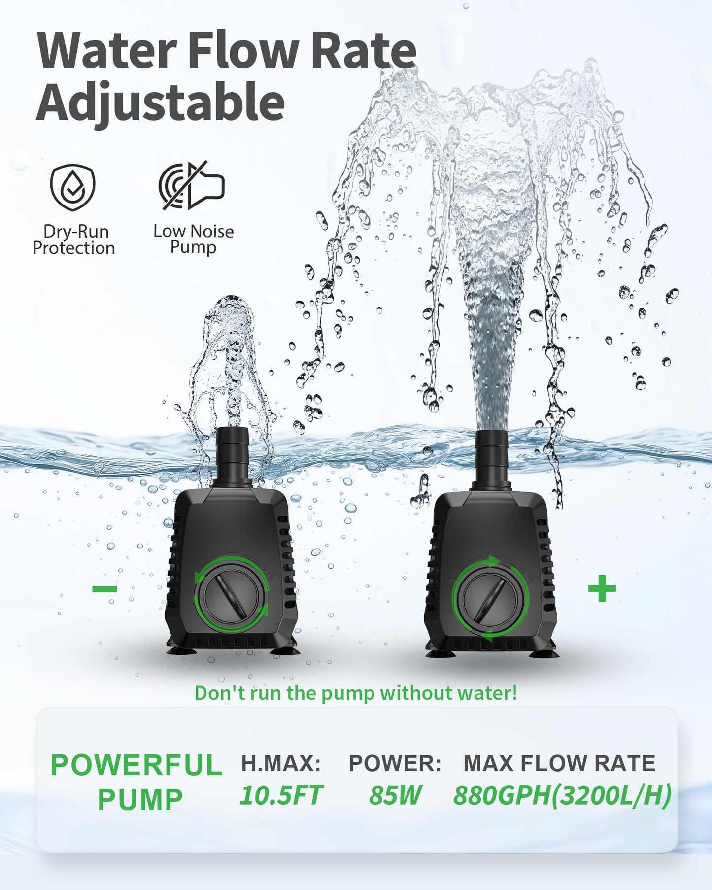 POPOSOAP 880GPH Submersible Pump(3200L/H, 85W), Ultra Quiet Fountain Pump with Over Heating Protection & Filter Sponge 10.5ft High Lift for Pond, Fish Tank, Aquarium, Hydroponics, Waterfall Q105