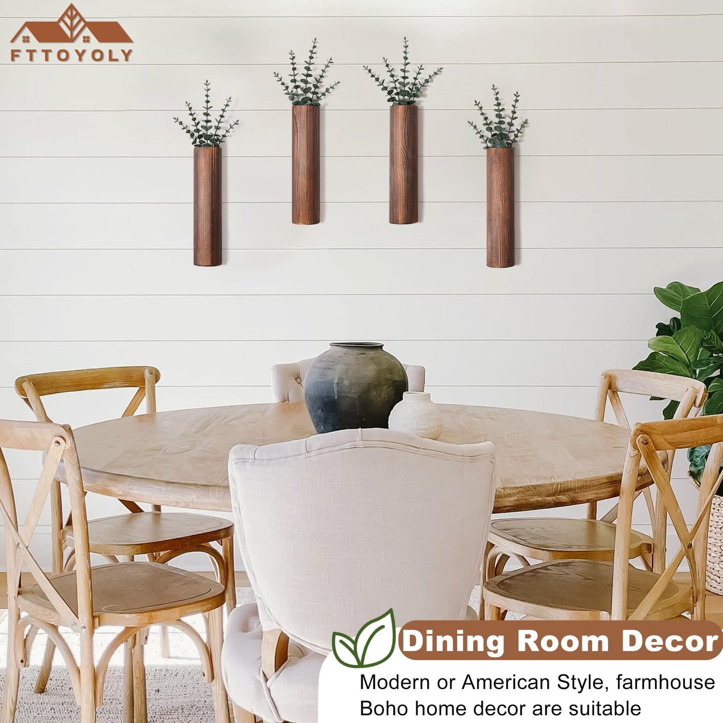Fttoyoly Wood Wall Planter with 20 pcs Artificial Eucalyptus, Modern Decor for Living Room Bedroom Bathroom Entryway, Farmhouse Boho Wall Vases for Dried Flowers and Faux Plants - 4 Pack