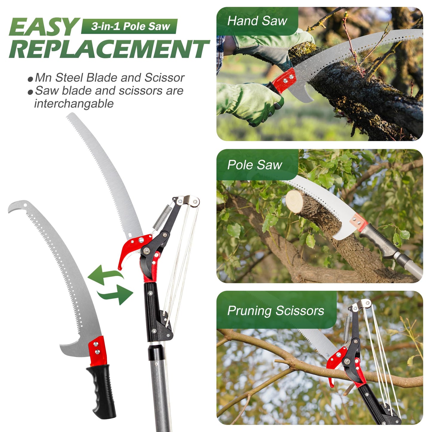 Walensee Pole Saws for Tree Trimming, Extendable Tree Pruner,Manual Branch Timmer with Blade and Scissors High Branches Pruning Fiberglass Pole Pruner and Cutter Garden Tool with Storage Bag 7.2-27FT