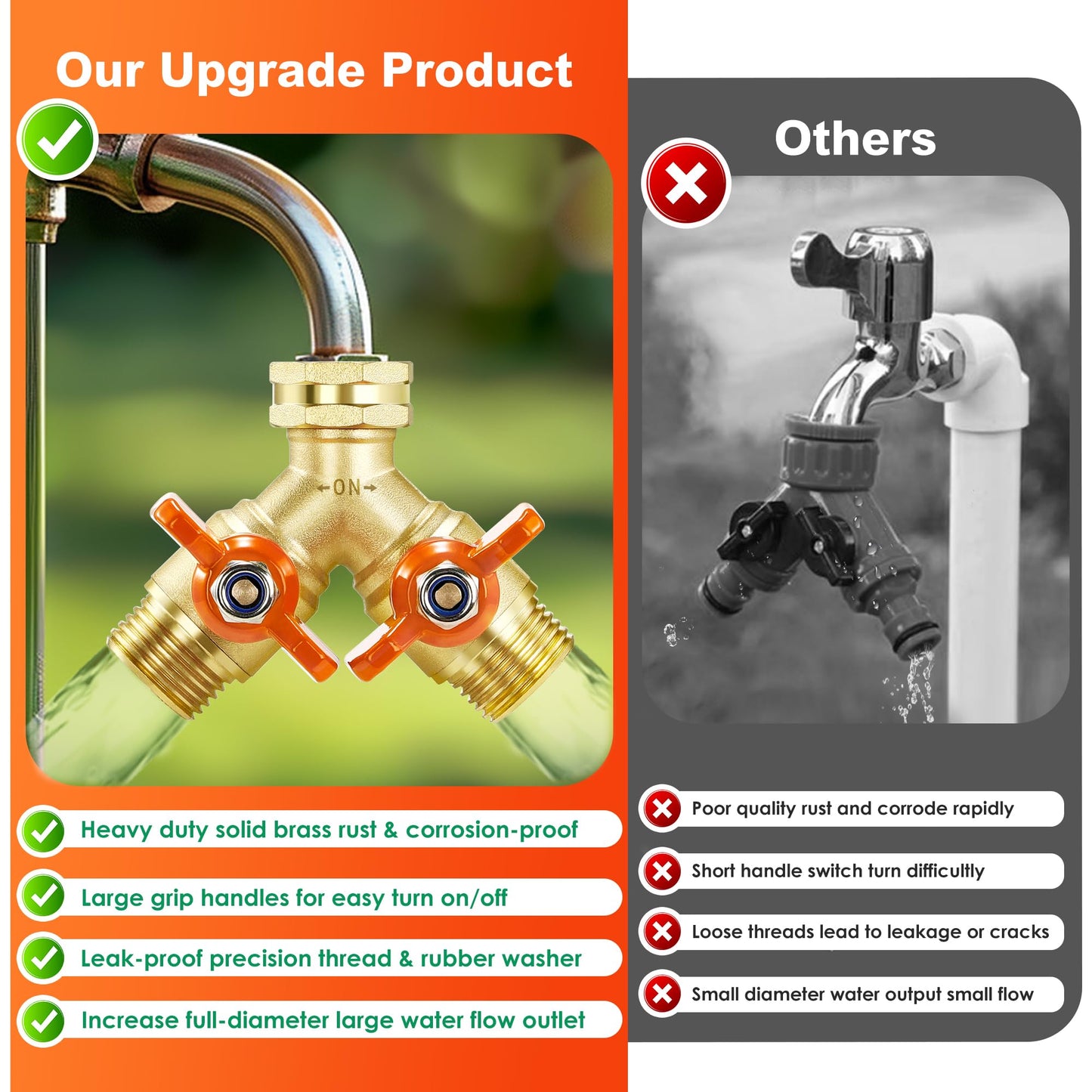 Garden Hose Splitter Full Flow 2 Way Brass Hose Splitter Heavy Duty All Metal Hose Y Splitter with Shutoff Outdoor Faucet Water Hose Splitter Y Valve Tap Adapter for Outdoor Garden
