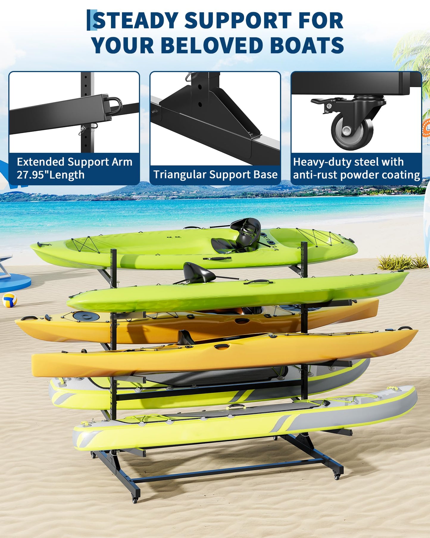 GarveeLife Kayak Storage Rack for 6 Kayaks Freestanding Kayak Rack for Outdoor Storage with Movable Wheels, Heavy-Duty Steel Kayak Hanger Holder with Hanging Straps