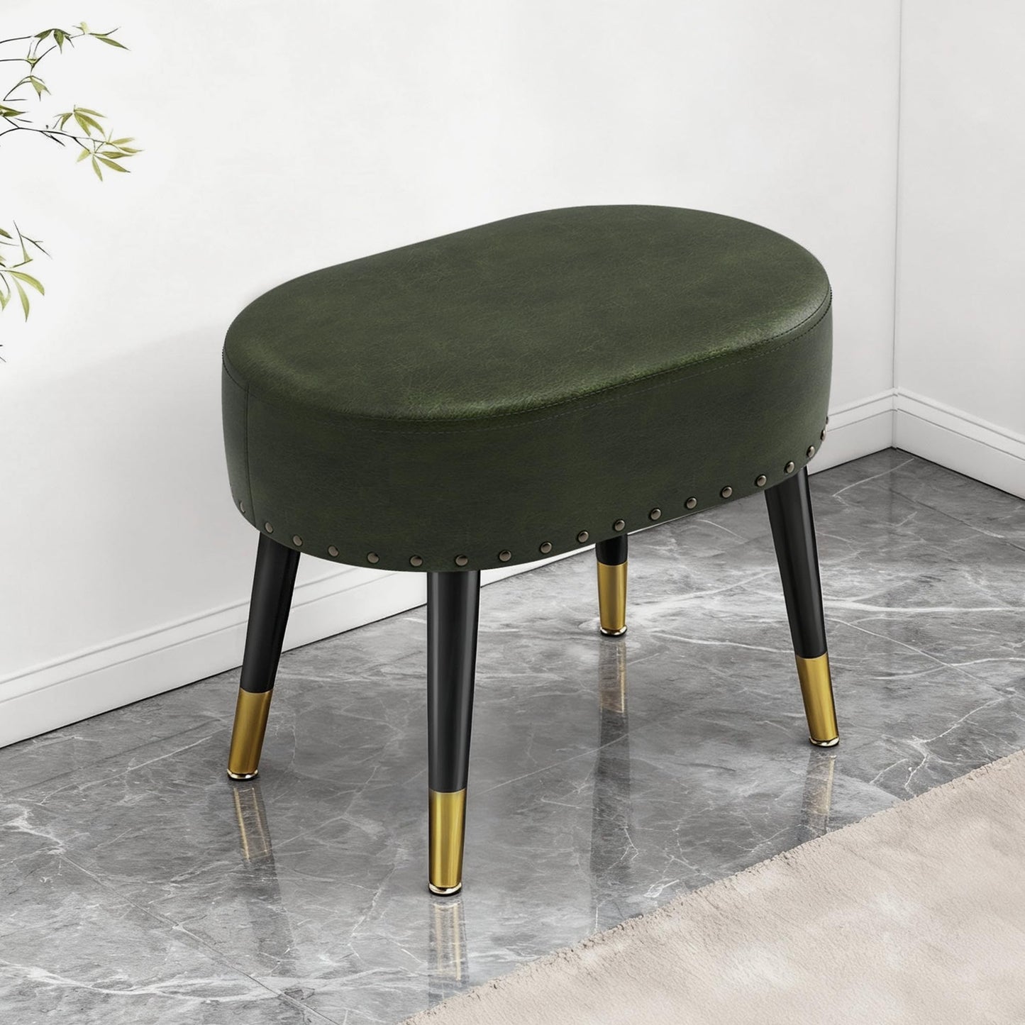 LITZFUR Vanity Stool Chair for Makeup, Pu Leather Oval Footrest, Vintage Rivet Ottoman Bench with Metal Legs, Dressing Stool for Batheroom, Living Room, Entryway, Green