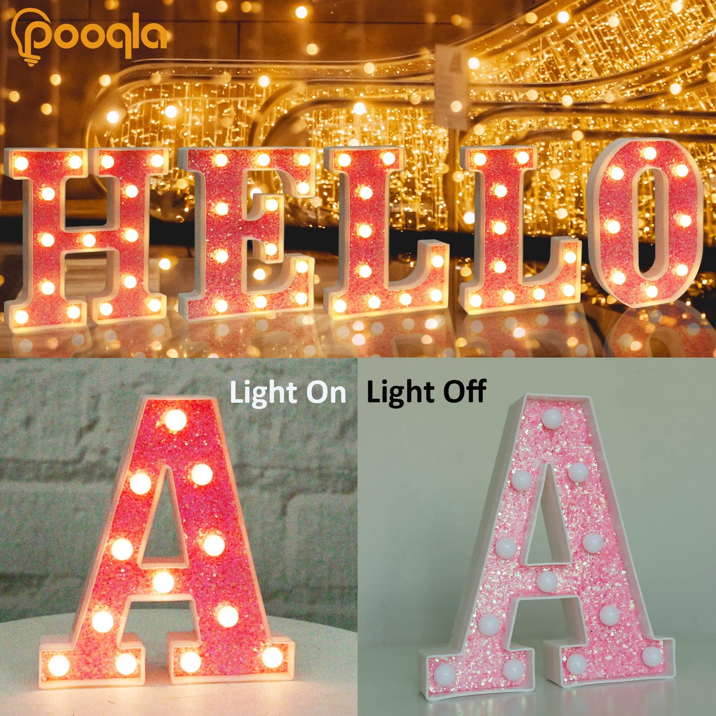 Pooqla LED Marquee Letter Lights, Light Up Pink Letters Glitter Alphabet Letter Sign Battery Powered for Night Light Birthday Party Wedding Girls Gifts Home Bar Christmas Decoration, Pink Letter A