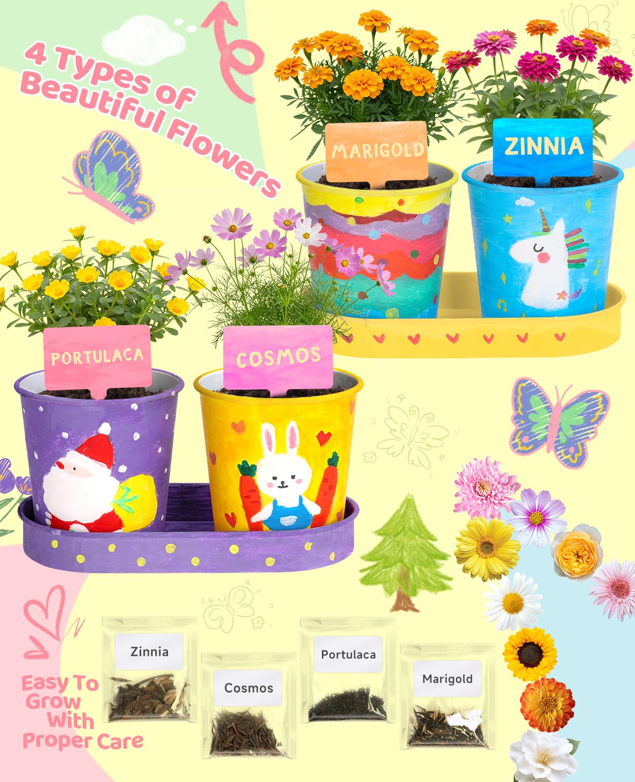 YAUNGEL Paint & Plant Flower Kids Gardening Set, Arts and Crafts for Kids Ages 8-12 Plant Growing Kit with 4 Pots, Easter Birthday Gifts for Girls & Boys Children