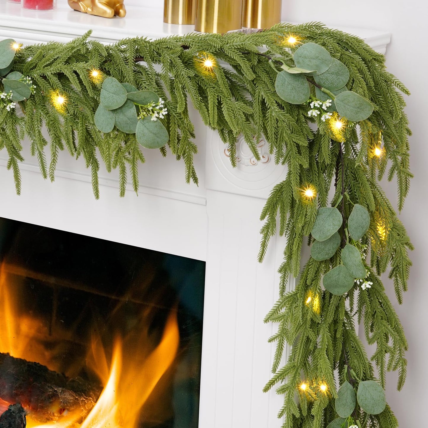 Waipfaru Christmas Norfolk Pine Garland with Lights, 6FT Real Touch Pine Christmas Decoration, Artificial Faux Cedar for Home Decoration