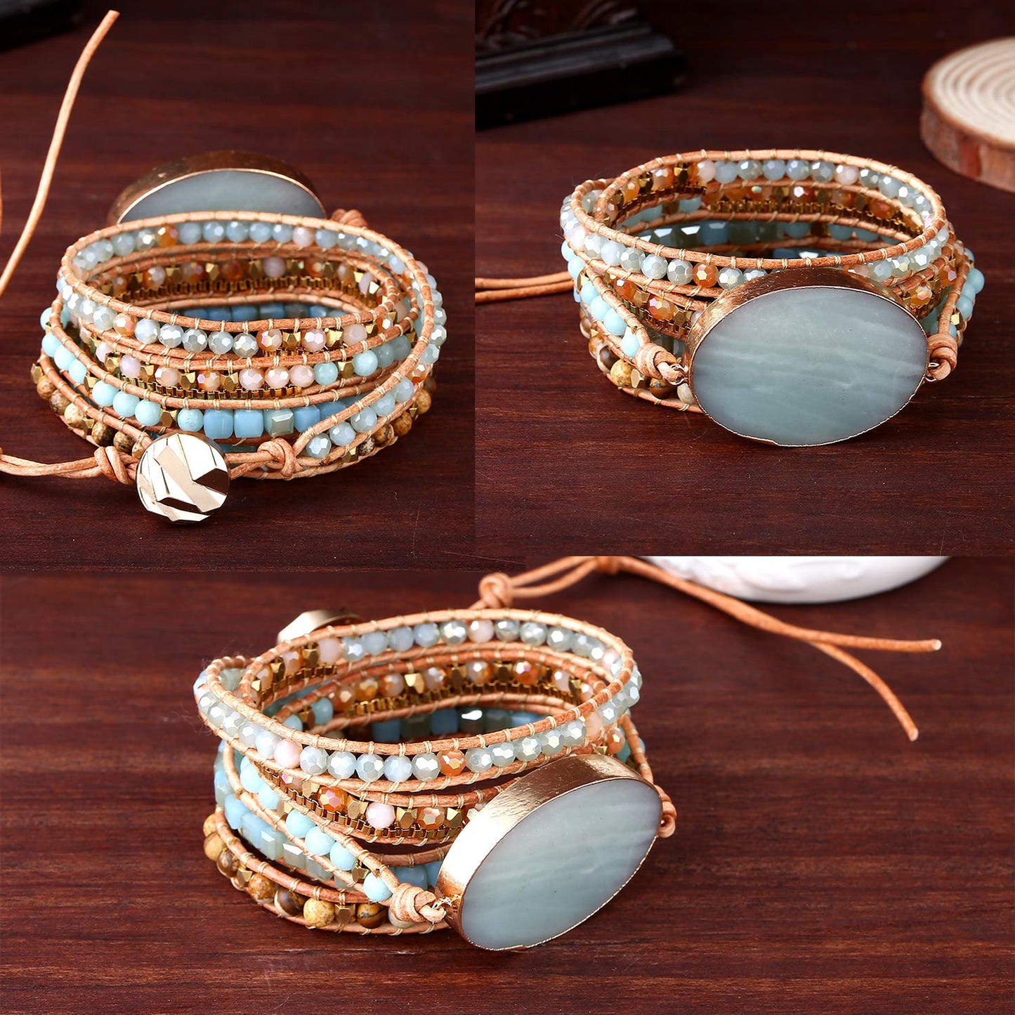 Plumiss Handmade Leather Wrap Natural Amazonite Druzy Bead Crystal Stone Bracelets for Women
