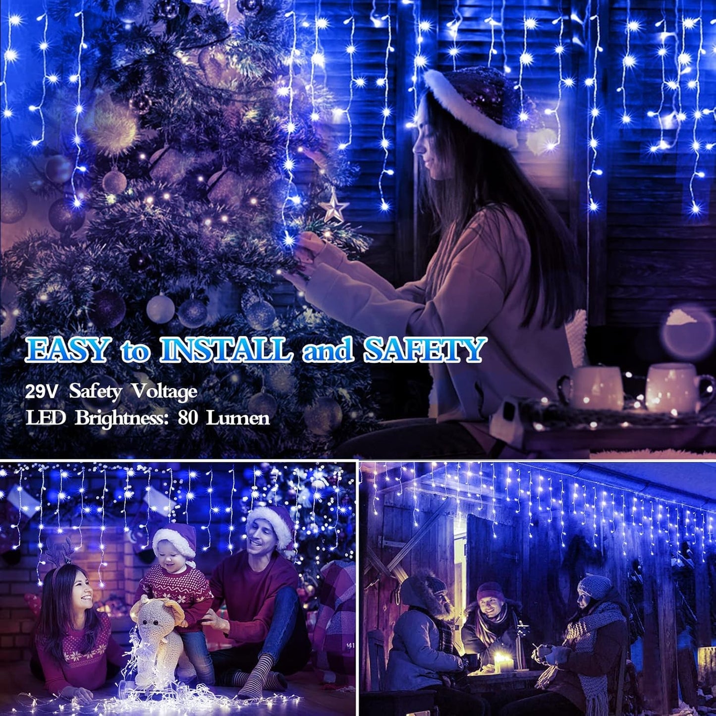 FLVOECN 480 LED 49FT Christmas Lights Plug in 8 Modes with Timer Dimmable Christmas Decorations Outdoor Waterproof Indoor Curtain String Lights for Roof Porch Garden Holiday Wedding Party Decor Blue