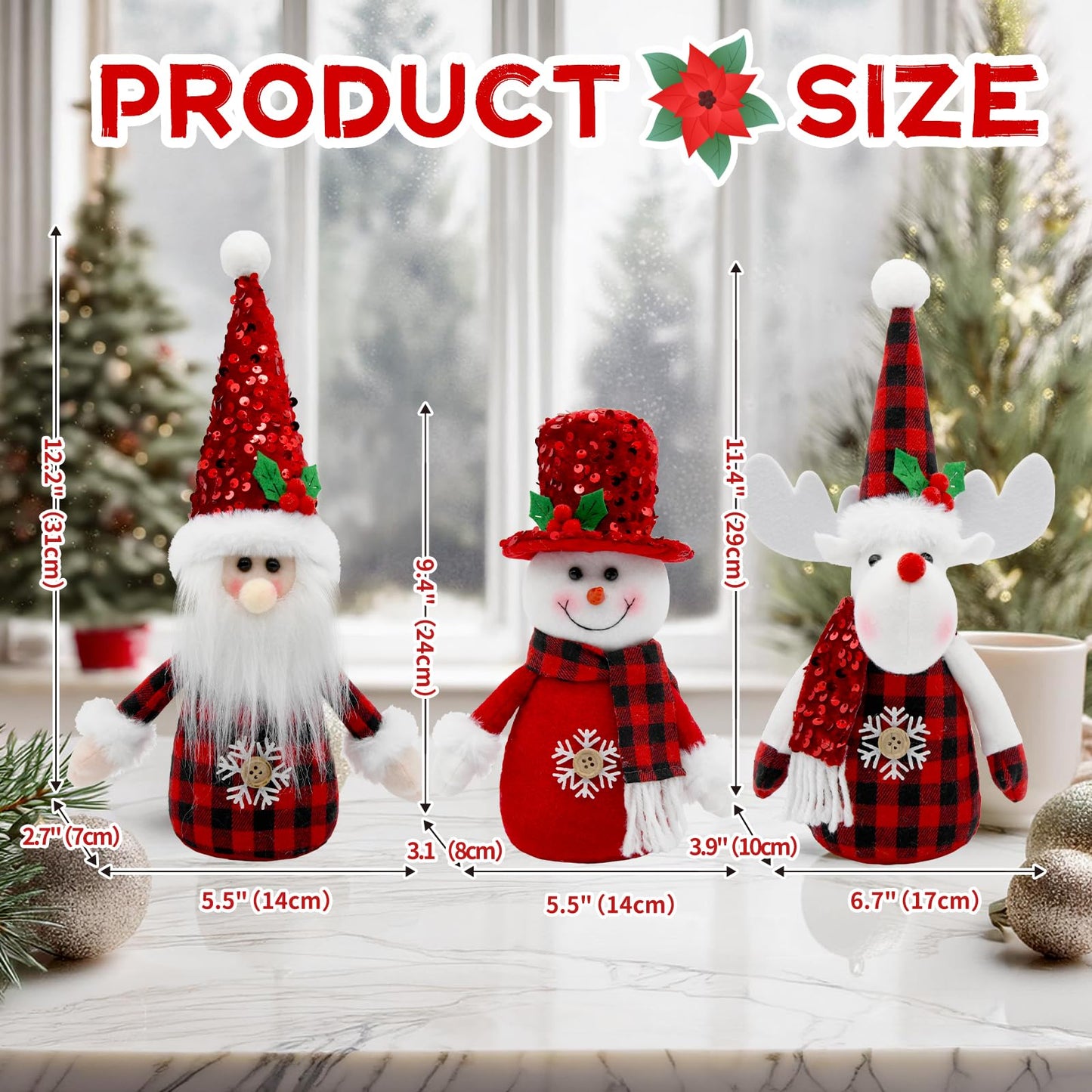 KnomeKo Red Buffalo Plaid Christmas Decorations Indoor- 3 Pcs Red Christmas Snowman & Santa & Reindeer Plush Tabletop Tiered Tray Decor Winter Gifts