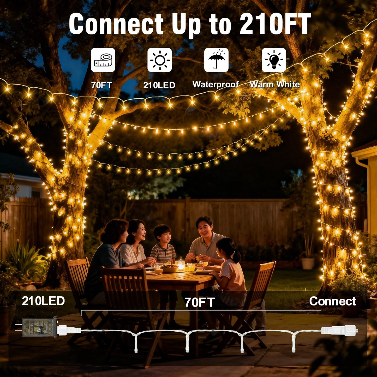 WASTROYAL 210 LEDs Warm White LED String Lights – 70FT Transparent Wire, Waterproof & Connectable Christmas Tree Lights for Indoor Outdoor Holiday Décor
