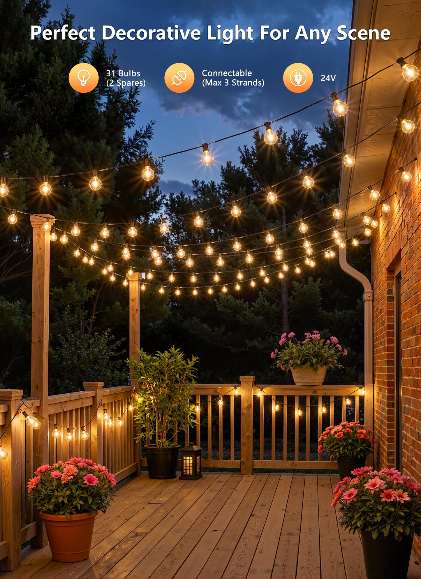 Outdoor String Lights with Remote, 100Ft Outside Waterproof Light with Dimmable G40 LED Bulbs, Shatterproof Connectable Hanging Patio Lights for Porch, Backyard, Bistro, Deck, Balcony, Home Decor