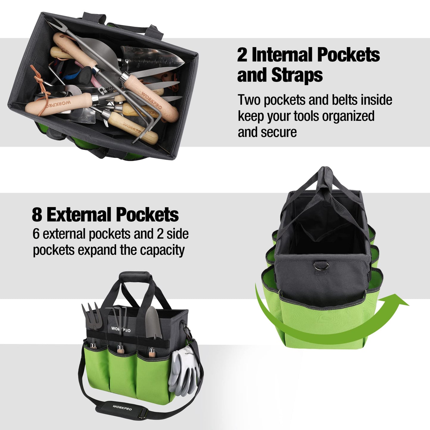 WORKPRO Garden Tool Bag Organizer, Heavy Duty Gardening Tote Bag with 10 Pockets and Long Adjustable Shoulder Strap, Standable Garden Home Tool Kits Organizer, Green (Tools are not Included)