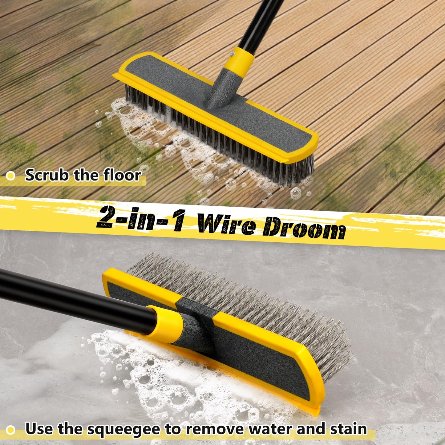 Heavy Duty Broom Wire Floor Scrub Brush with Long Handle, 2 in 1 Scrape and Stainless Steel Bristle Brooms Scrubber for Deck Concrete Patio Outdoor Moss Removal
