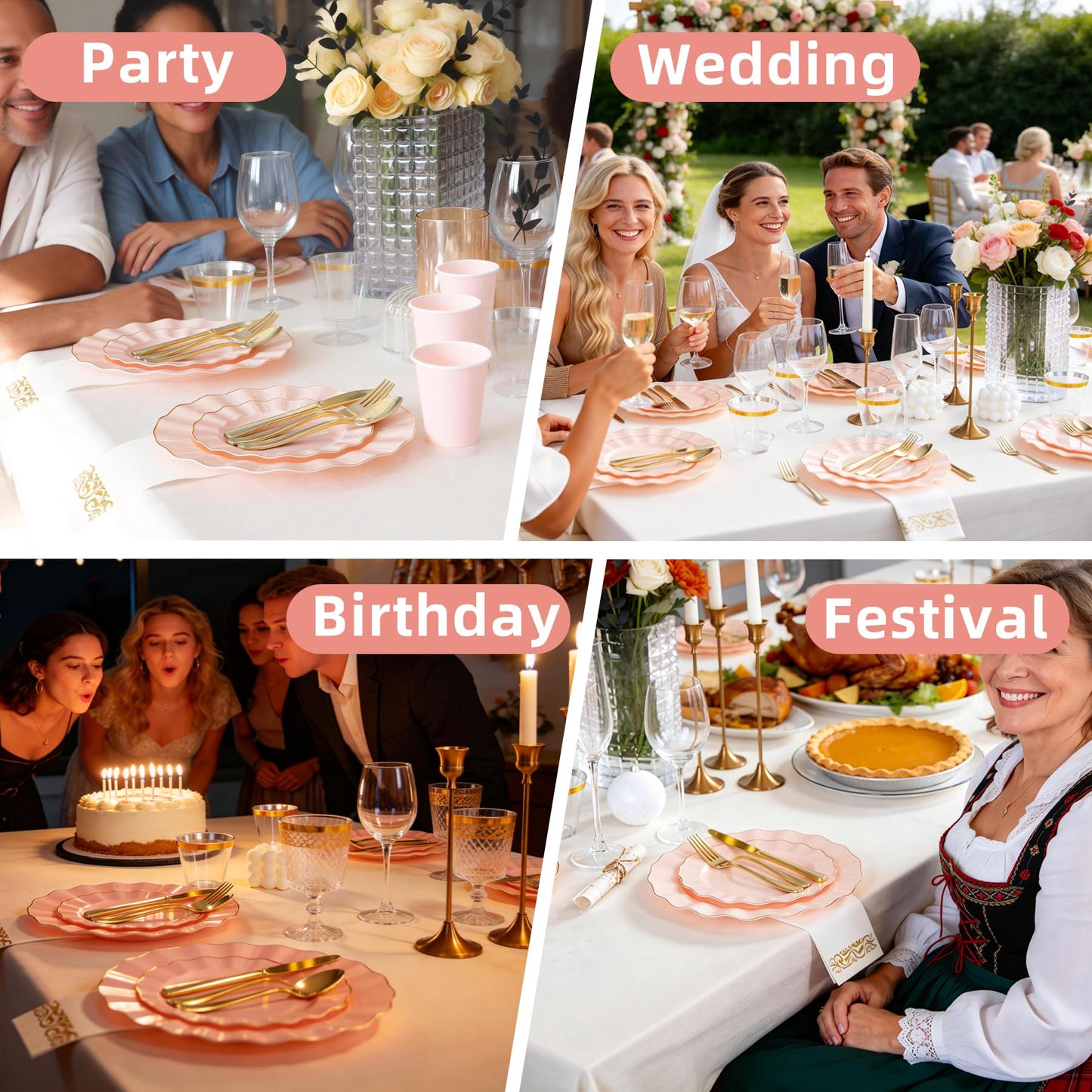 QualQuot 175PCS Gold and Pink Plastic Dinnerware Set, Plastic Party Plates for 25 Guests, 50 Disposable Plates, 25 Heavy Duty Silverware, 25 Cups, 25 Napkins for Mother's Day, Party and Wedding