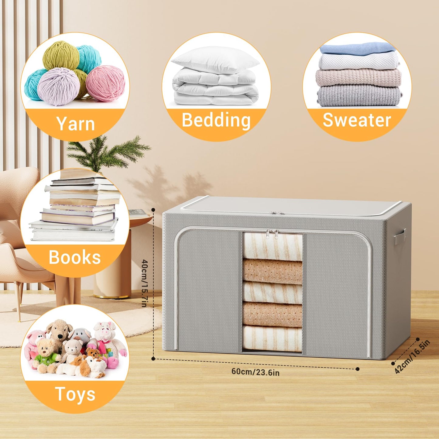 LeArex Clothes Storage Bins with Metal Frame Foldable Storage Box Clothes Organizers Storage Containers for Clothes Sheets Blankets Books Toys Gifts and Holiday Decorations (100Lx3 Pack)