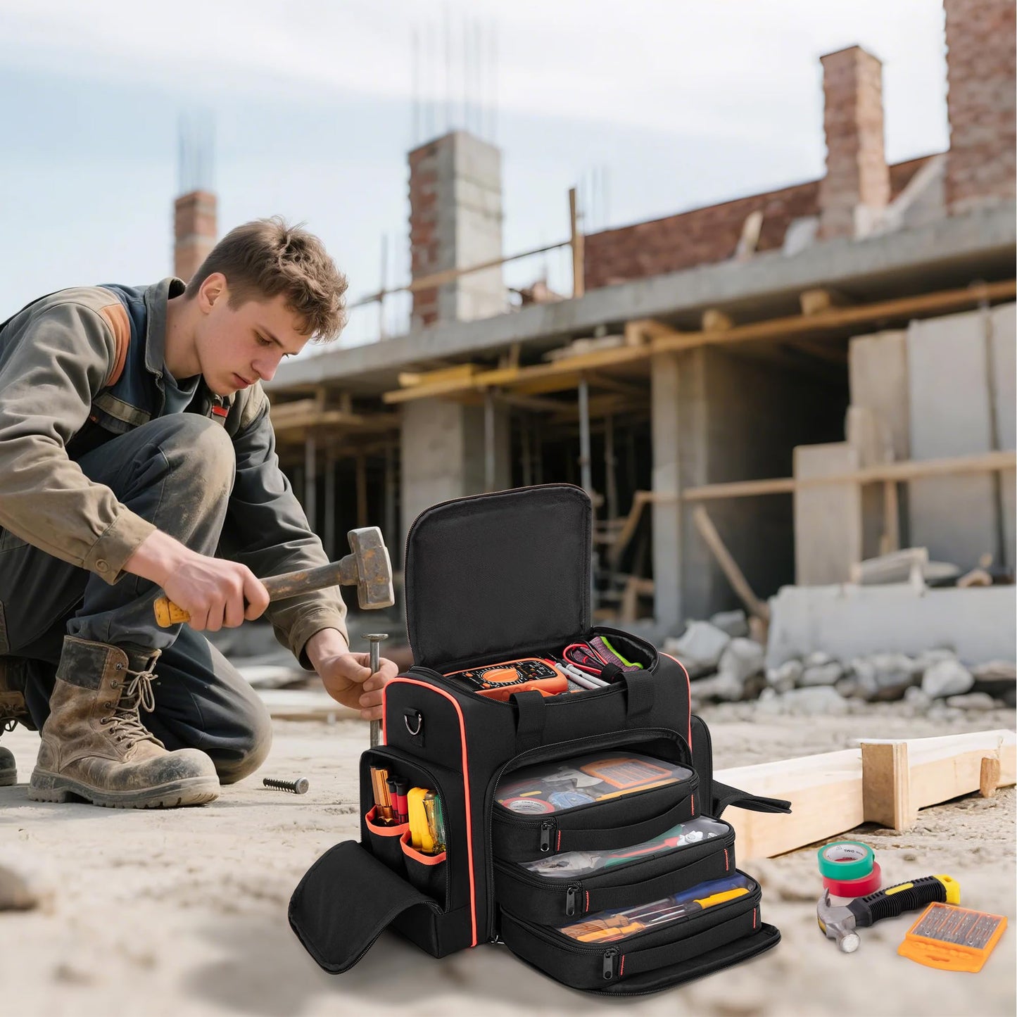 Marscamd Tool Bag with 3 Removable Cases, 2 Layers Tool Tote for Hand Tools, Black with Red Binding