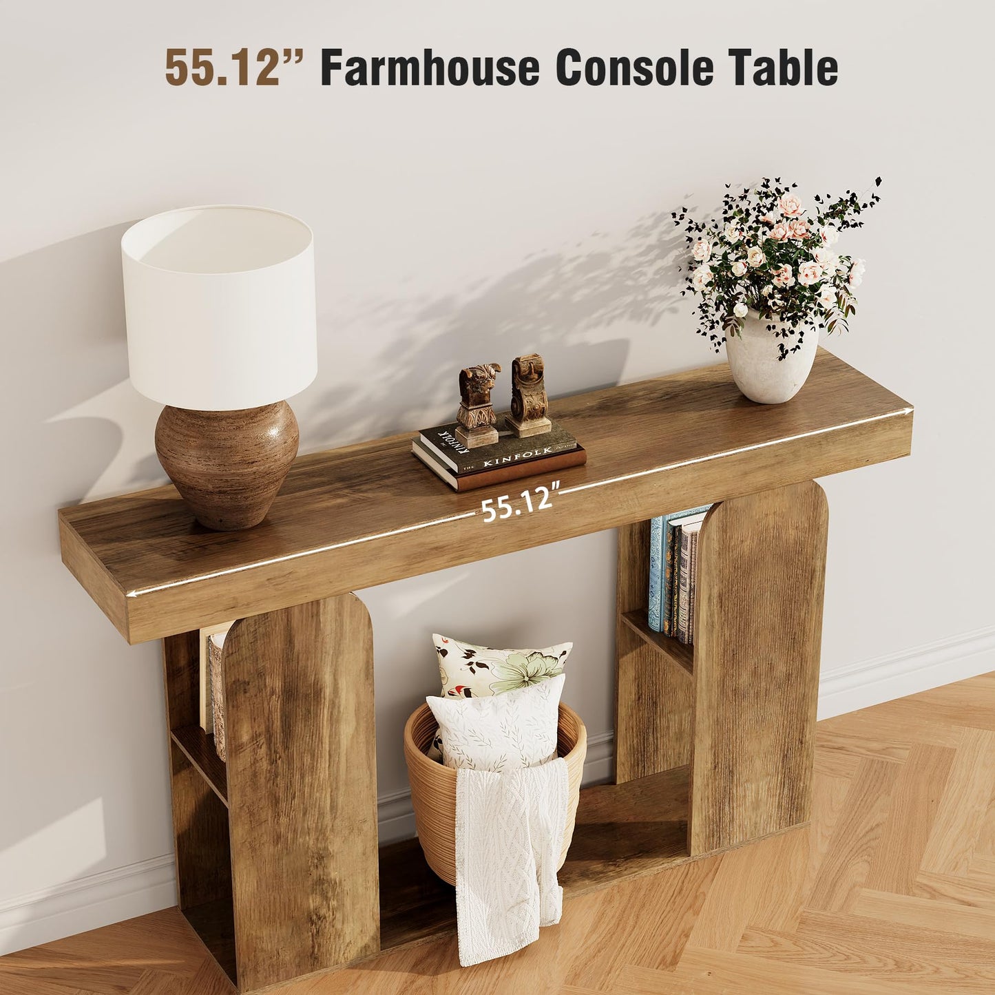 Tohomeor 54 Inch Long Console Table, Farmhouse Entryway Table Wood Narrow Sofa Table Behind Couch, Hallway Accent Table Furniture for Living Room, Foyer, Retro Brown
