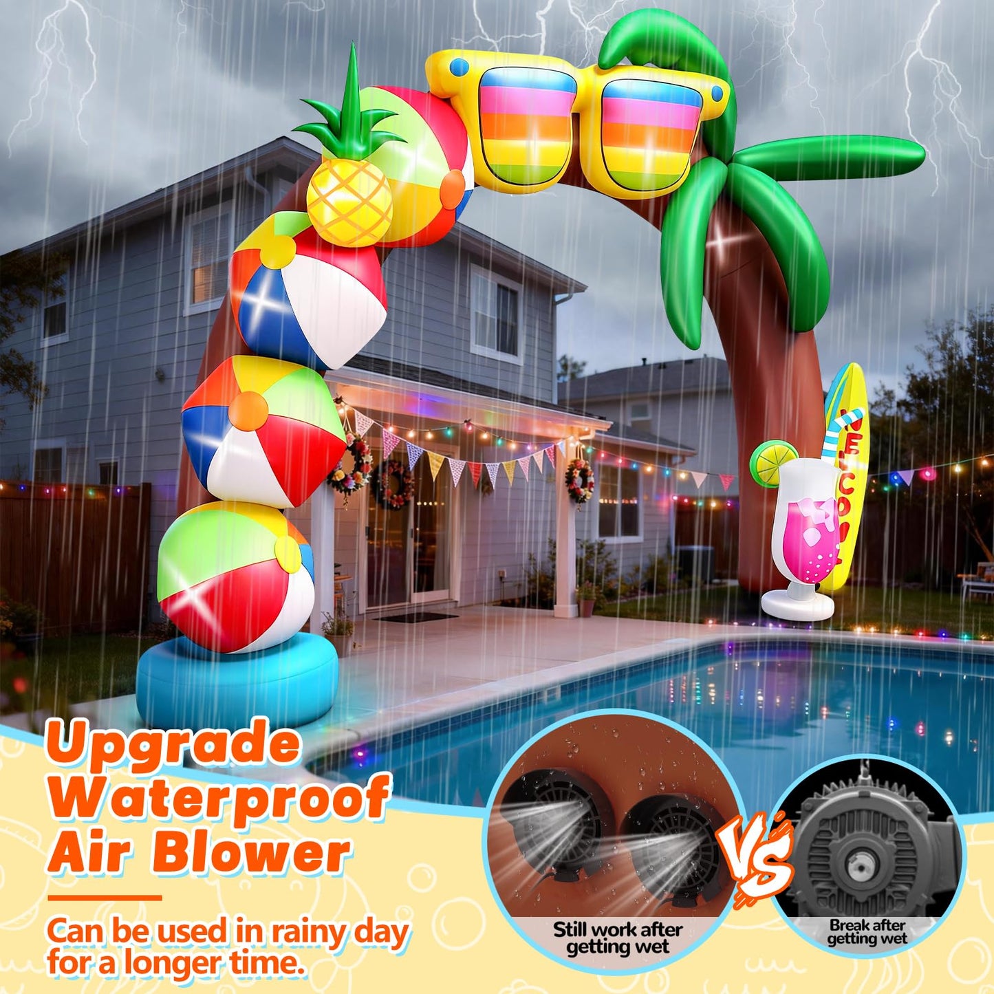 Kalolary 10FT Tall Summer Inflatable Outdoor Decorations, Beach Ball Archway Blow Up Inflatable Arch with Build-in Lights for Beach Party Pool Party Yard Garden Summer Decors