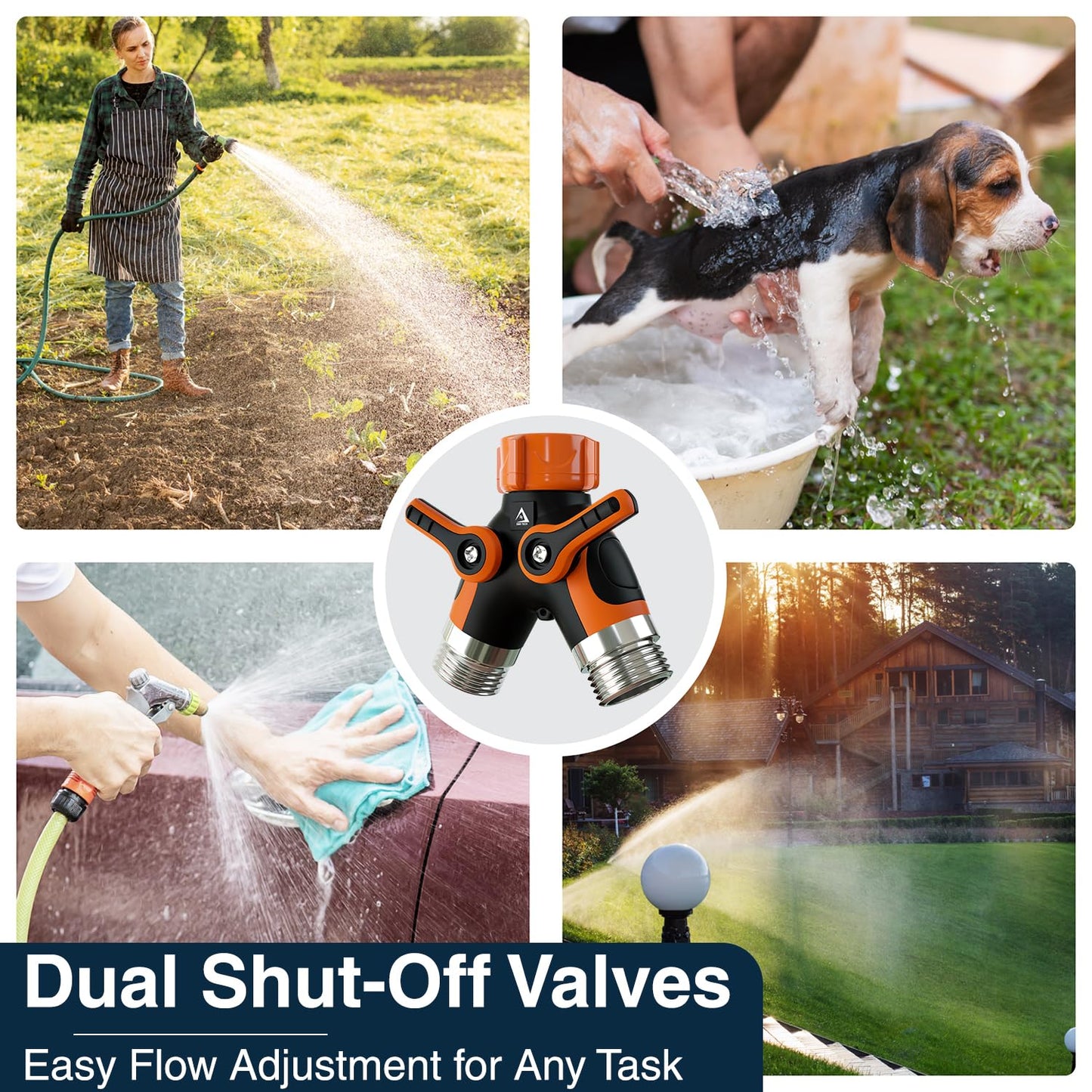 DBR Tech® Hose Splitter 2 Way, Heavy Duty Metal Connector, Two Way Garden Hose Splitter, High Flow Spigot Faucet Bib Adapter, Solid Double Y Shut Off Valve for Outdoor Gardening Hoses, Orange