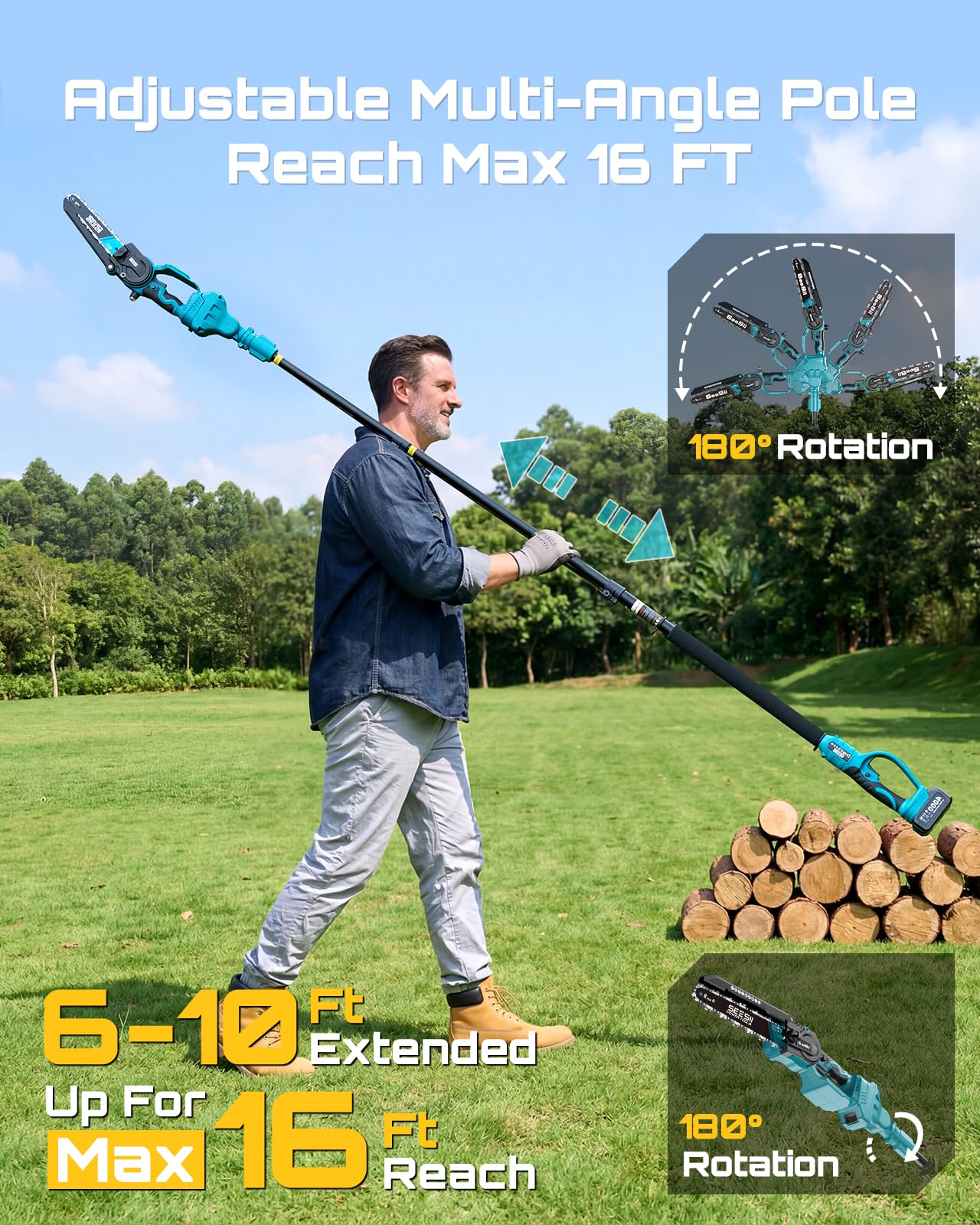 SEESII 2 in 1 Cordless 8 inch Pole Saw & Mini Chainsaw with 2 Battery, Power Electric Polesaw for Tree Trimming, Chain Saw with Extension Pole, Limb Branch Cutter Pruner P8 Ace