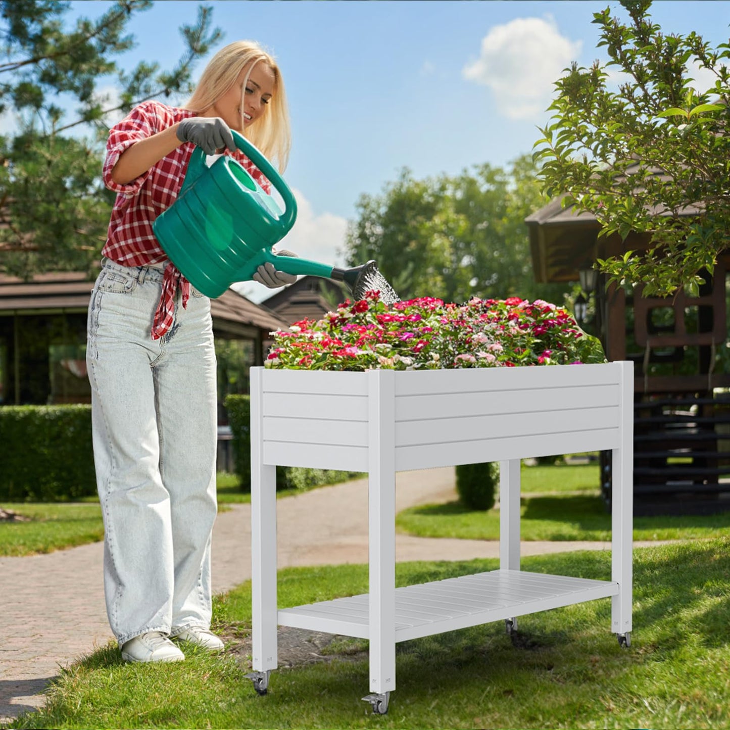 Vixzen Raised Garden Bed Outdoor,Reinforced Large Planter Box with Wheels & Storage Shelf,Mobile Planter Bed Box for Backyard, Patio, Balcony (Ashen, 21Gal（43.31"×17.72"×33.66"）)