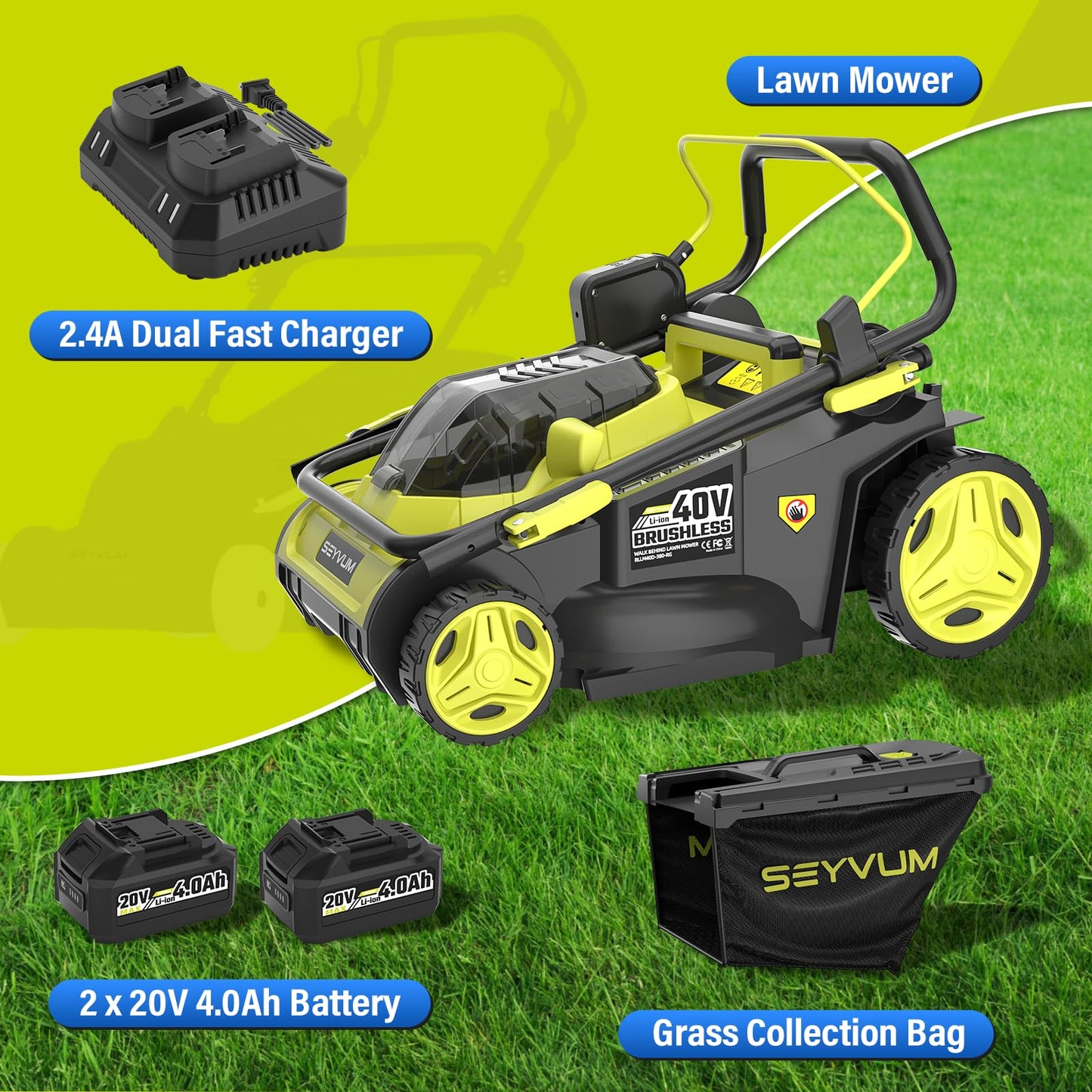 SEYVUM 40V 16-inch Cordless Lawn Mower with 45L Grass Collection Bag, 6 Position Height Adjustment Electric Lawn Mower, 2 x 20V 4.0Ah Battery Powered Push Lawnmower, 2.4A Fast Charger, Lemon Green