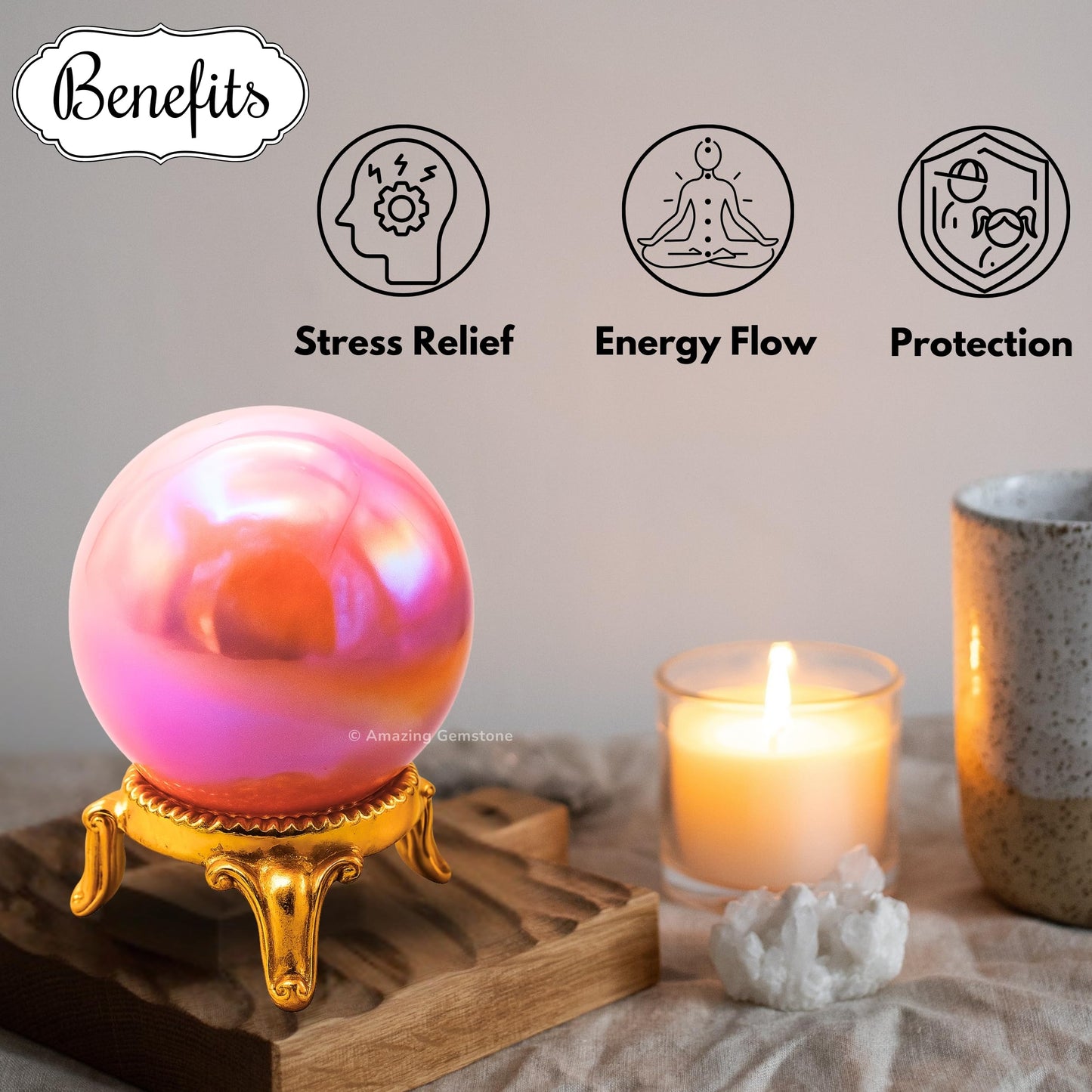 Amazing Gemstone Angel Aura Rose Quartz Crystal Ball with Stand - 2" Inches Crystal Sphere Meditation Balls for Witchcraft and Decorative Balls