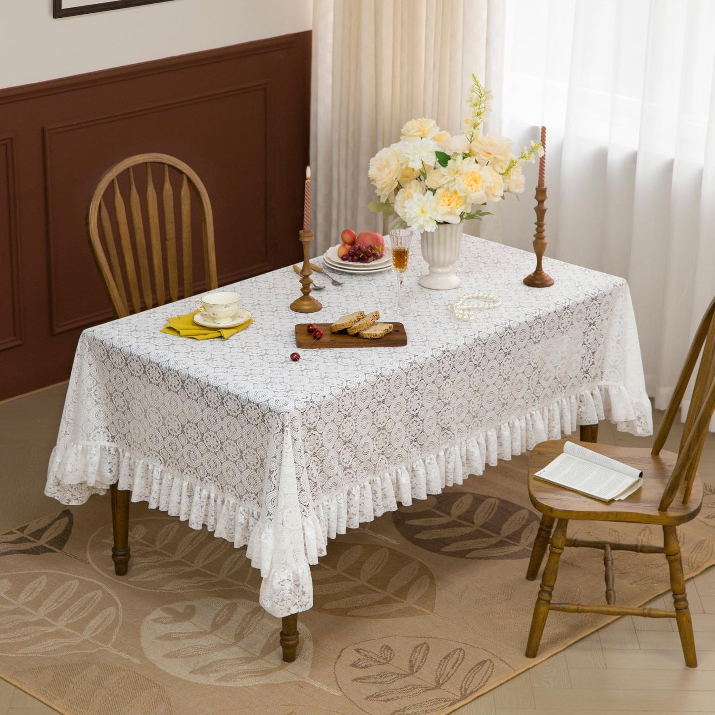 GLORY SEASON Lace Tablecloth with Flower and Leaf Pattern Fabric Ivory White Rectangle/Oblong Table Cloth Cover for Wedding Buffet Banquet Parties Holiday Farmhouse Kitchen Dining Decor 52x70 Inch