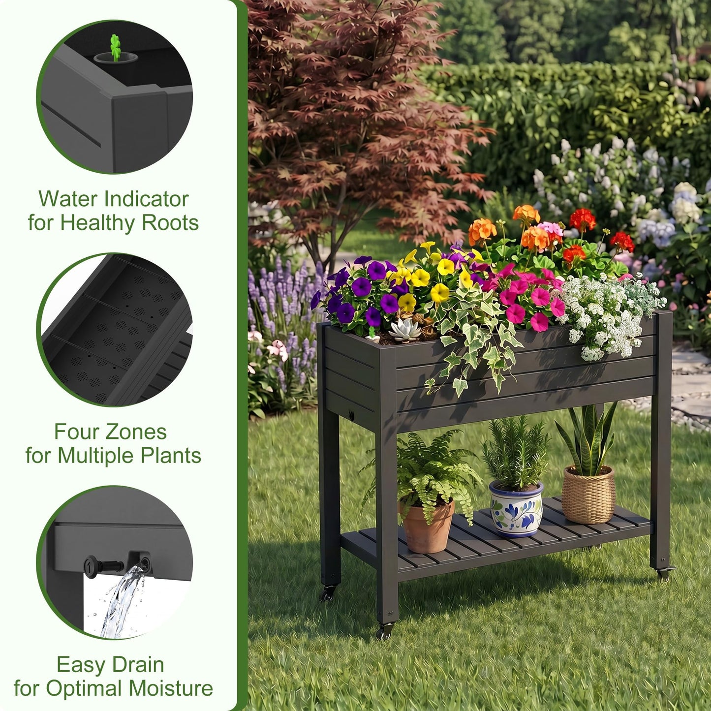 EFU Raised Garden Beds Outdoor, with Wheels for Mobility, Extra Storage Shelf, Water Level Monitoring, 21 Gallon Planter Raised Beds for Vegetables, Herbs, Fruits, Backyard, Patio, Balcony (Black)