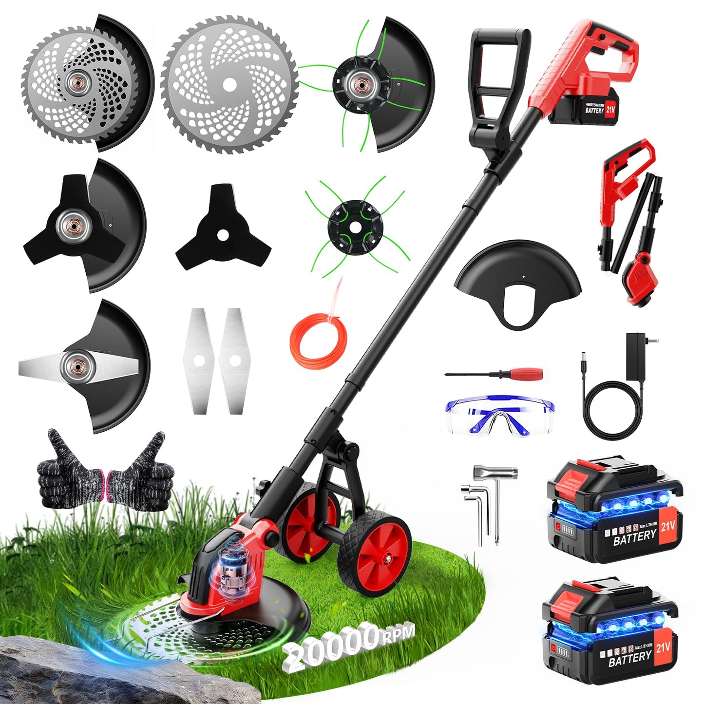 6000mAh Electric Weed Eater Battery Powered,12″ Brushless Electric Weed Wacker Cordless Wheeled String Trimmer,4 in 1 Grass Trimmer/Brush Cutter/Grass Edger/Weed Trimmer 5 Blade, 2 Battery (Red)