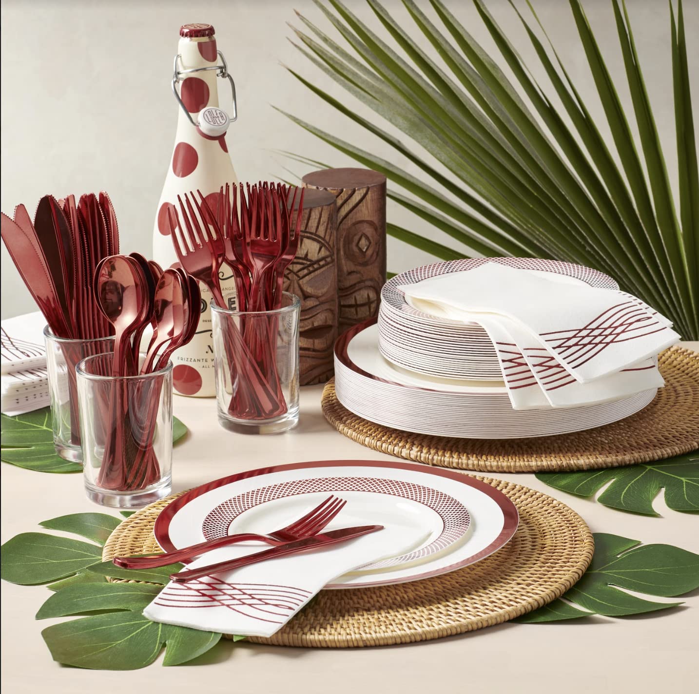 By Madee HEAVYWEIGHT 175 Pc White and Red Disposable Dinnerware Set – Fancy Plastic Plates for Party, Wedding & Bridal Shower (Serves 25)