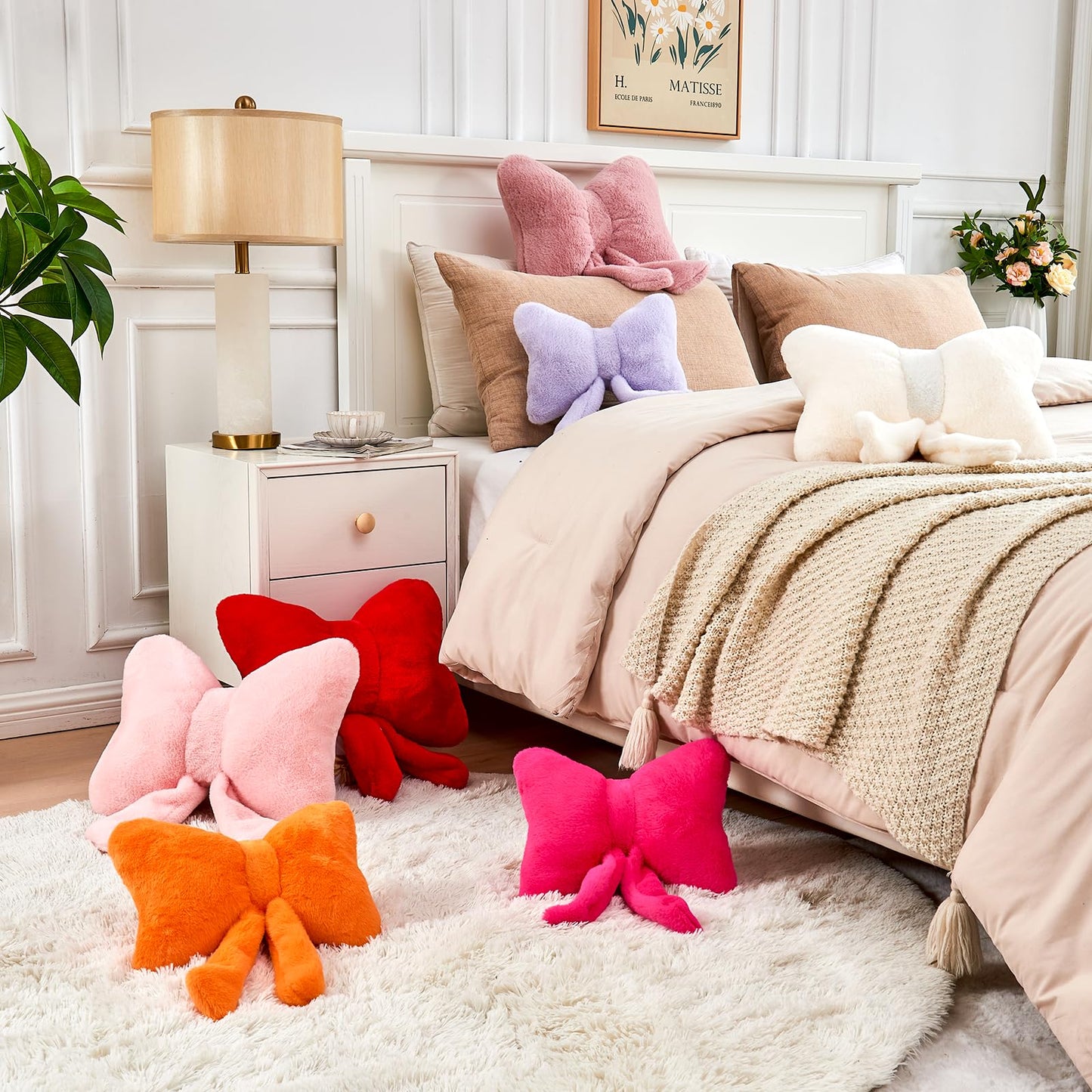 XVTRU Pink Bow Pillow, Soft Bow Decorative Pillows with Faux Rabbit Fur, Cute 12" Bow Throw Pillows, Aesthetic Home Decor Bow Shaped Plush Pillow for Bedroom Sofa Couch