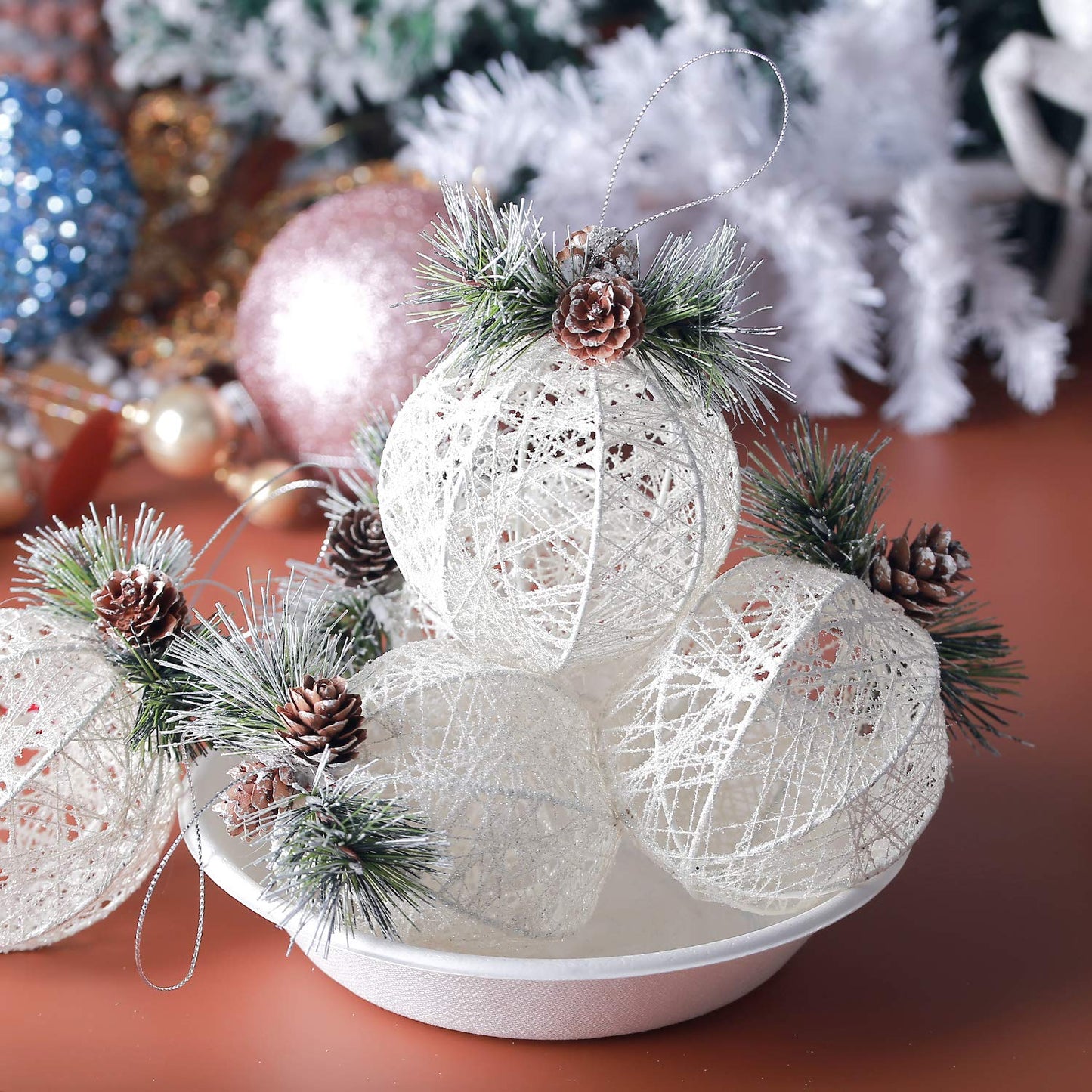 Christmas Ball Ornaments, 4pc Set White Pinecone Rattan Thread String Christmas Tree Ornament Xmas Trees Wedding Party Decorations