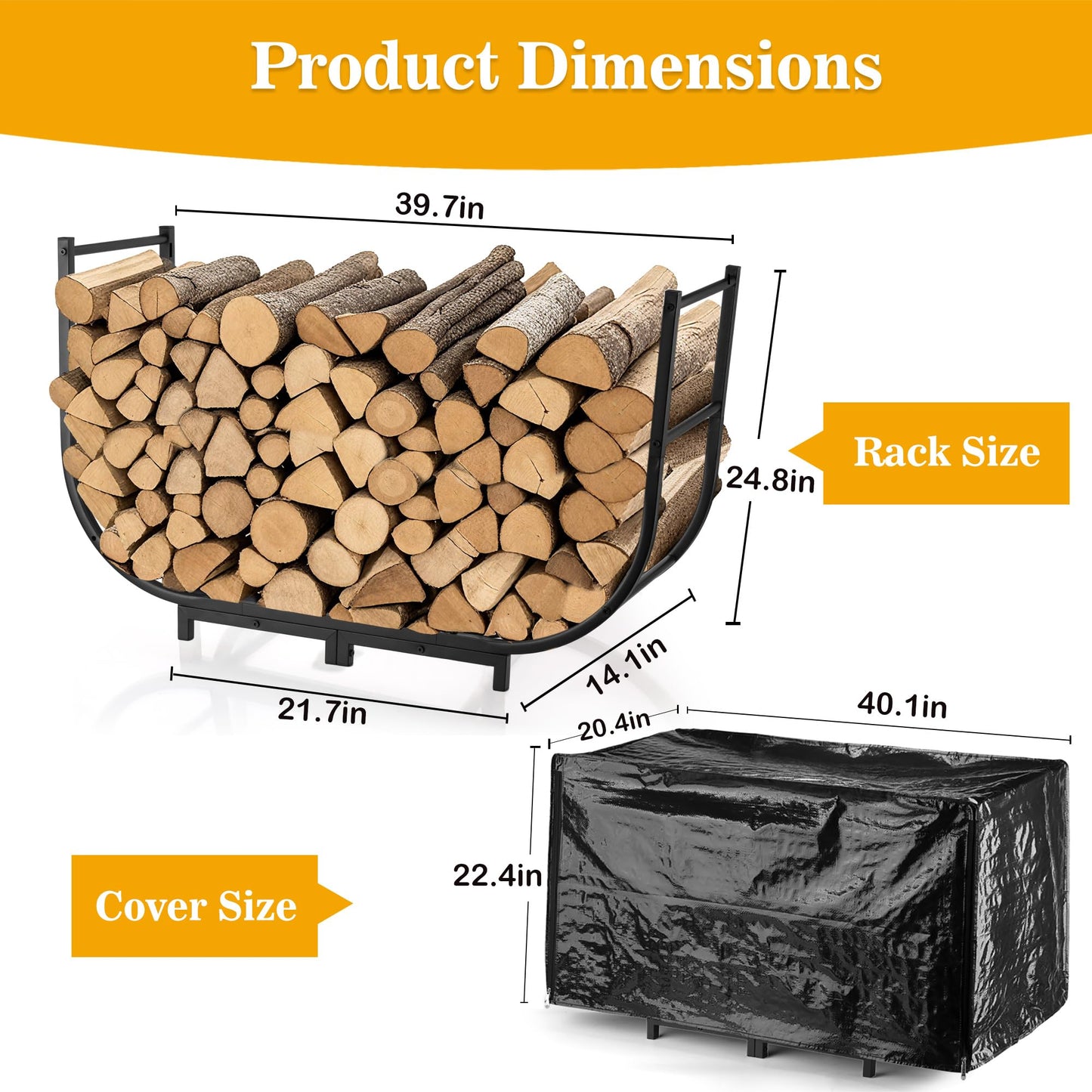 facka 40 Inch Heavy Duty Firewood Rack Outdoor with Cover, Waterproof Log Storage for Fireplace, Indoor & Outdoor Metal Wood Holder, Rustproof
