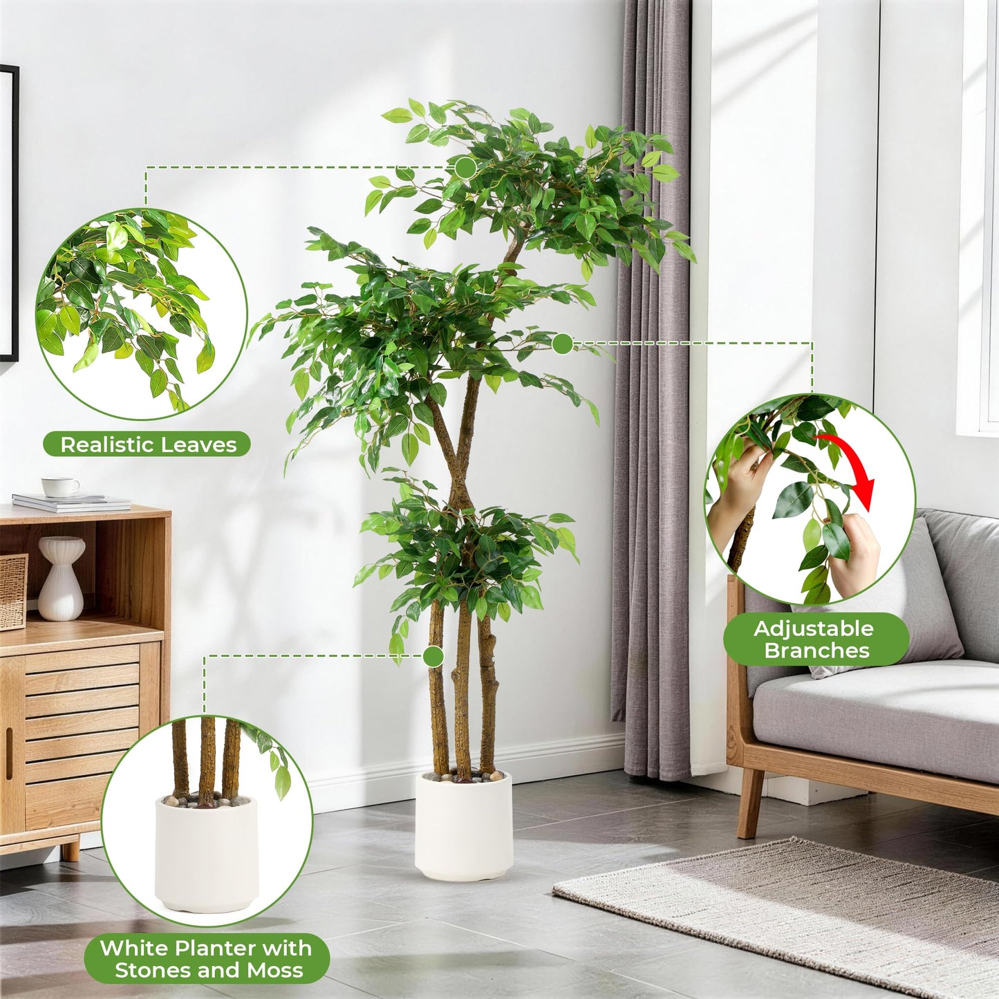 5FT Artificial Ficus Tree with White Planter and Pebbles,Faux Silk Tree with Lifelike Leaves and Realistic Trunk,Tall Fake Potted Plant for Home and Office Décor Indoor and Outdoor (5FT)