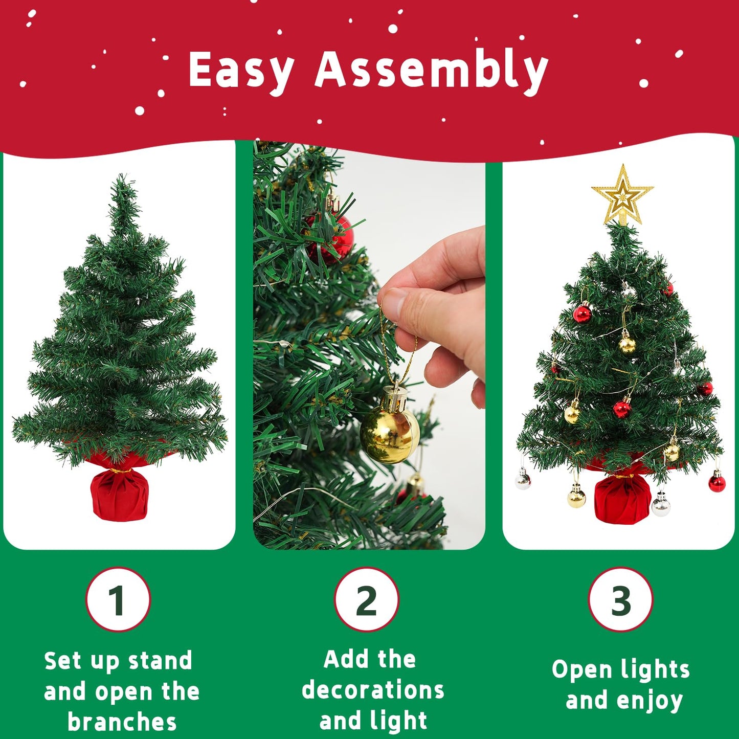 Mini Tabletop Christmas Tree with 30 LED String Lights, Star Top, Perfect for DIY Decoration 2ft