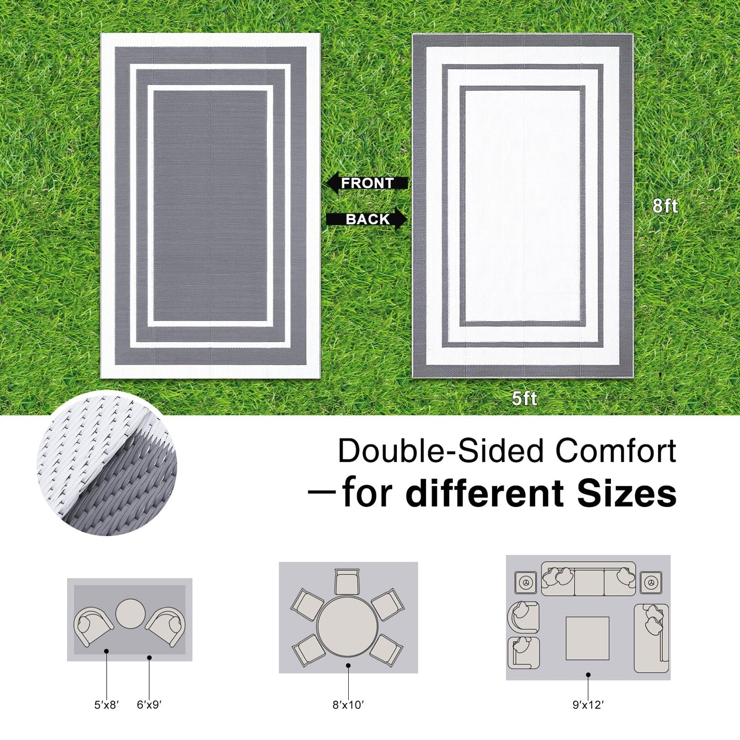 OLANLY Outdoor Rug 5x8 ft Waterproof, Reversible Outdoor Plastic Straw Rug, RV Mat, Indoor Outdoor Carpet Clearance for Patio, Camping, Balcony, Deck, Backyard, Grey & White