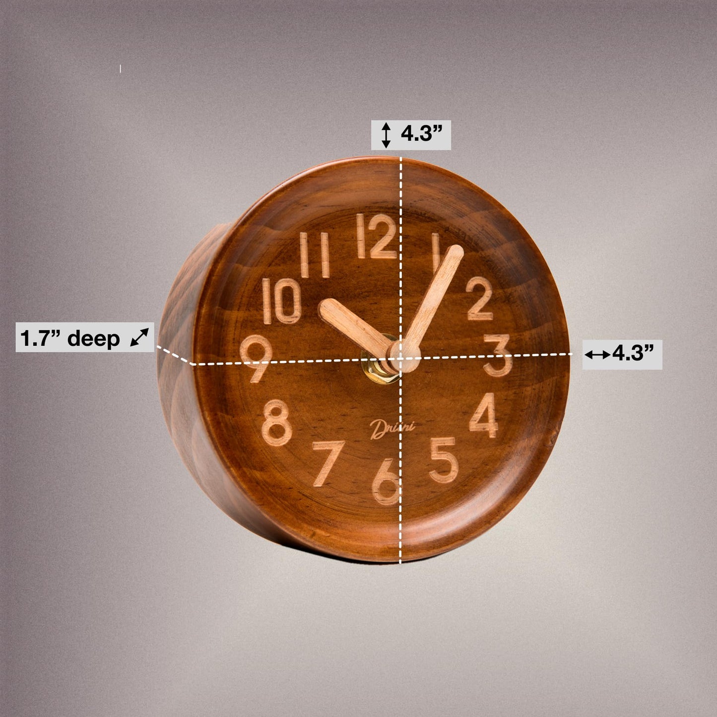Driini Wooden Analog Desktop Clock – 4.3 in. Decorative Pinewood, No-Tick Design – Easy to Read Silent Sweep Mantle Clock – Quiet Tabletop Clocks with Wood Body, Hands, & Battery Cover; Dark